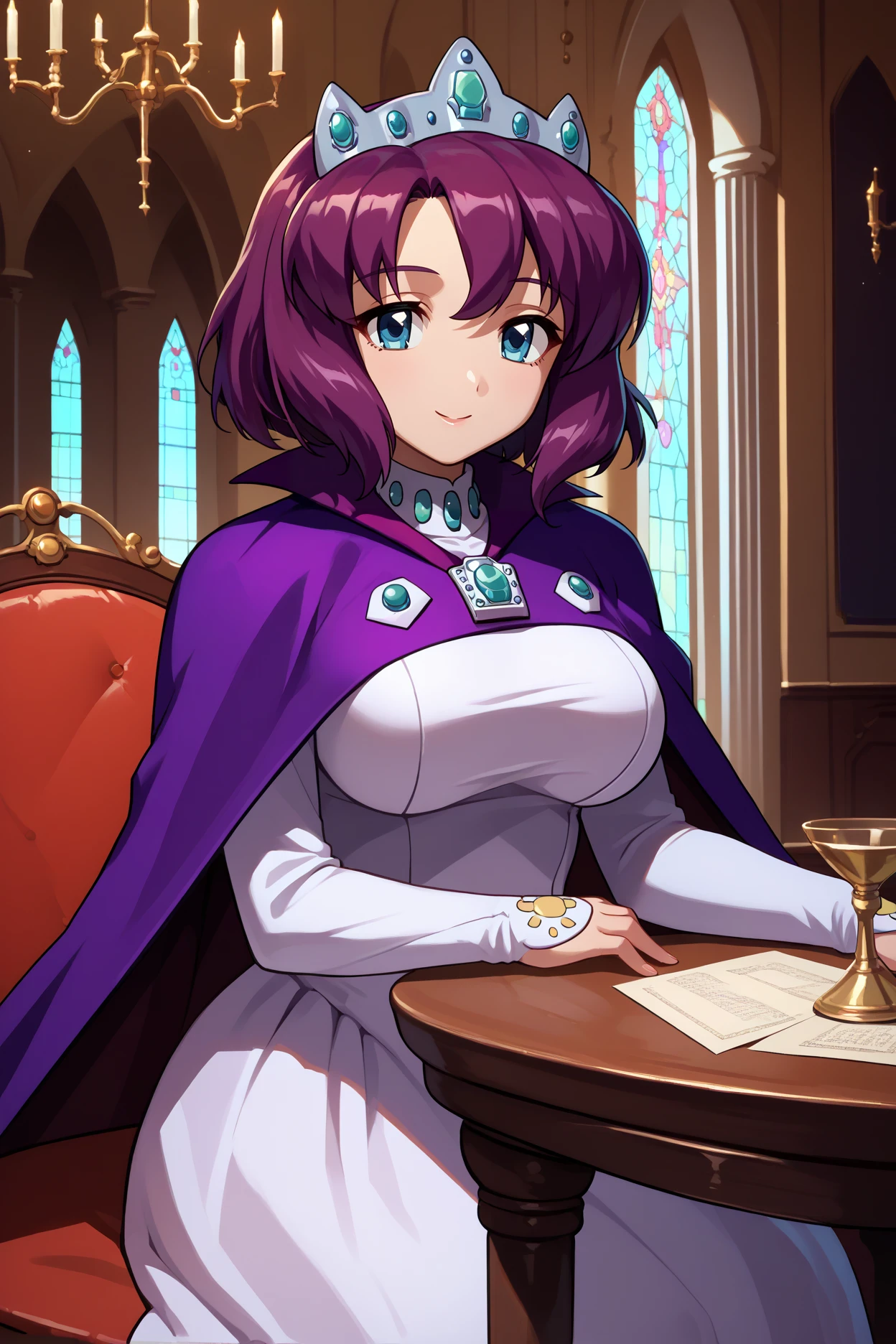 score_9, score_8_up, score_7_up, score_6_up, source_anime, 1girl, solo,  <lora:henrietta-pdxl-nvwls-v1-000005:1> hrta, purple hair, short hair, blue eyes, crown, purple cape, brooch, long sleeves, white dress, large breasts, sitting, chair, table, indoors, mansion, chandelier, smile, looking at you, wide shot, long table