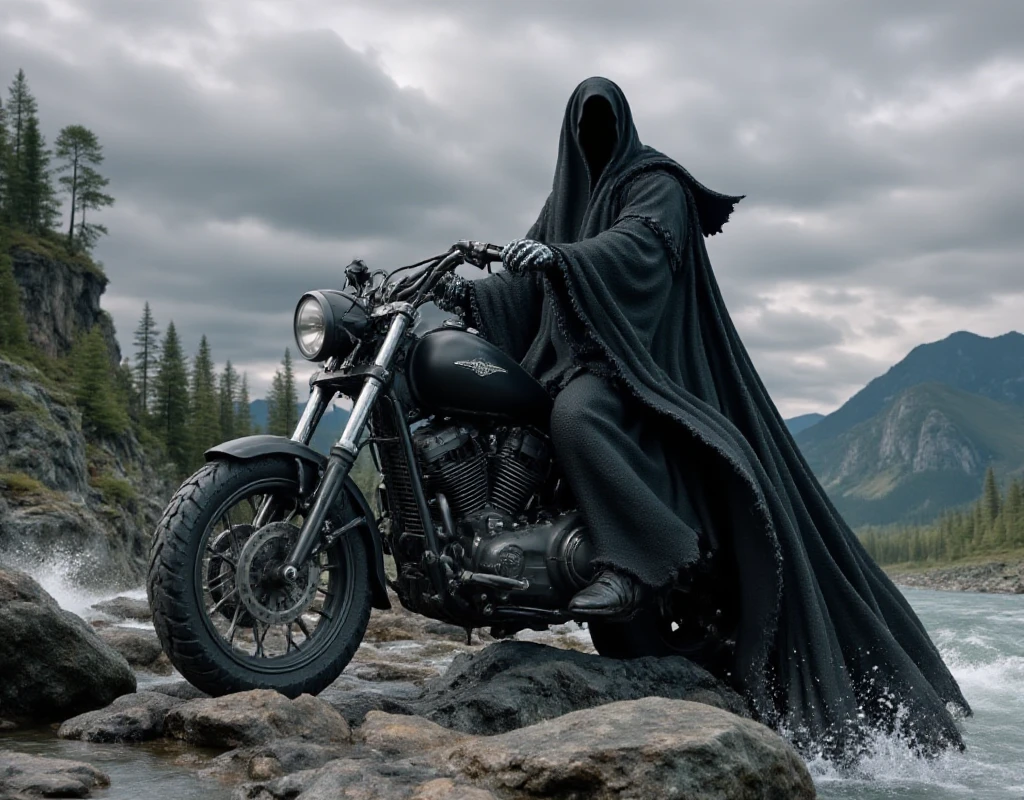 Nazgûl is riding a harley davidson in a lord of the rings scenery landscape <lora:Nazgûl:0.9>