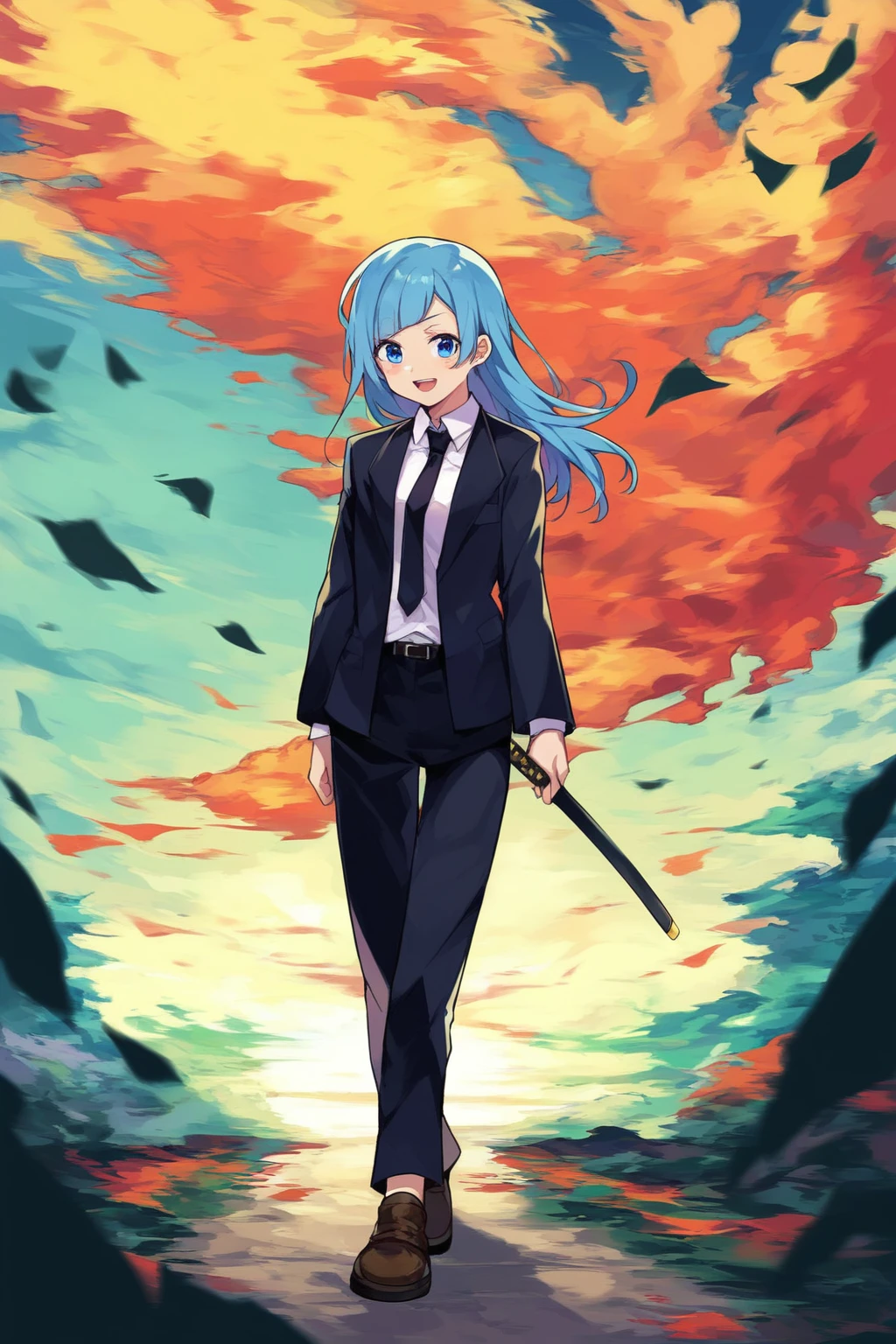 score_9, score_8_up, score_7_up, score_6_up, score_5_up, score_4_up, masterpiece, high quality, BREAK, full body, 1girl,  BREAK,   <lora:Miwa_JJk:0.8> Miwa_JJK, blue hair, necktie, katana, black suit, navy blue eyes, brown shoes, pale skin, asymmetrical bangs, long hair, black necktie,