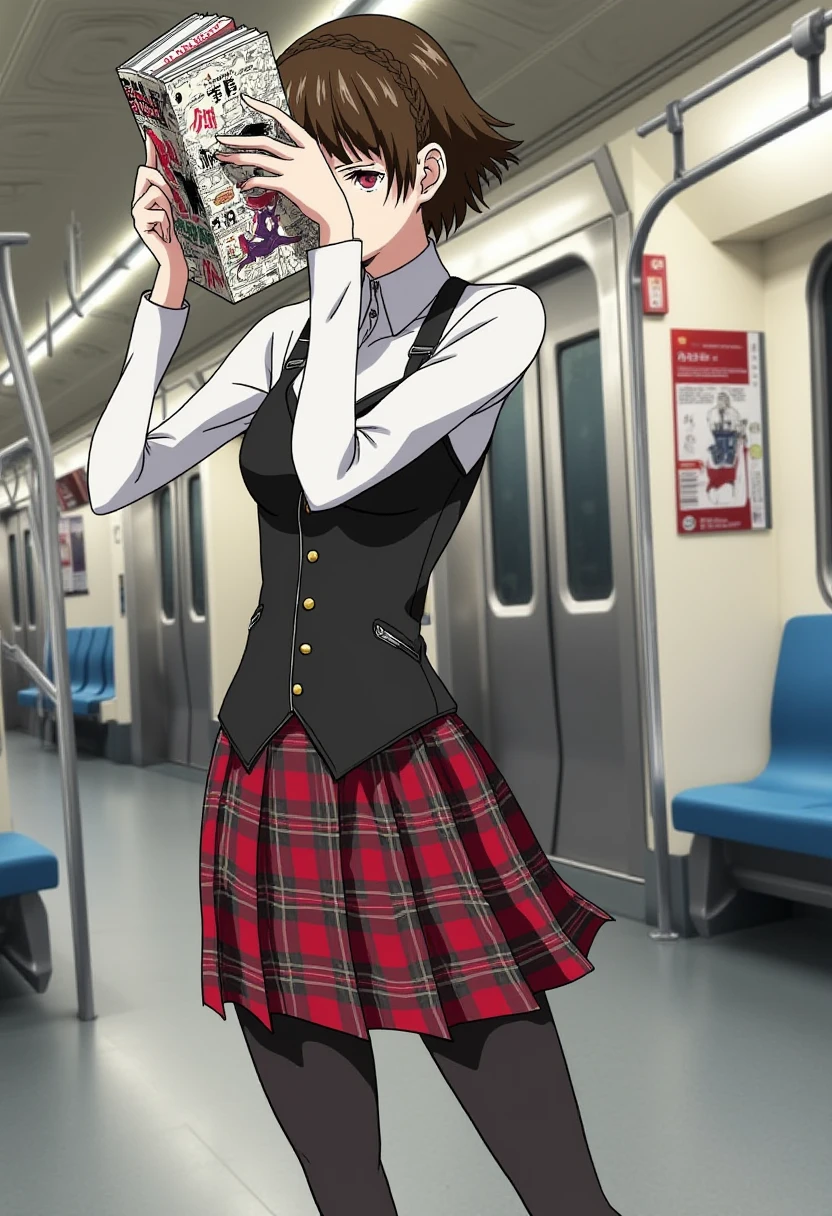 <lora:persona5_niijima_makoto_flux_v1_2-000005:1>, niijima_makoto
 She is dressed in a black and red plaid skirt that has a pleated design, paired with black tights. Her top consists of a high-collared, white long-sleeve shirt underneath a black fitted vest with gold buttons. She completes the look with dark brown ankle boots that feature a front zipper. 
She is standing in a subway station, holding a comic book in front of her face, trying to cover herself, but gleams through the gap.
Anime style, sharp, high contrast and highly detailed. Ghibli anime style. Perfect anatomy. Perfect body ratio. No oversized head. No blurry, out of focus pictures. No simple background, no single color background.