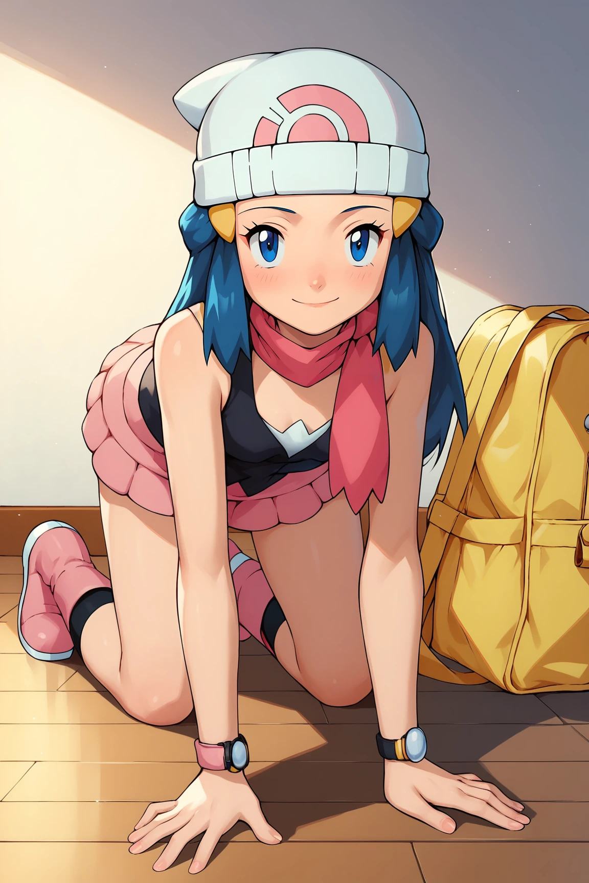 score_9, score_8_up, score_7_up, score_6_up, BREAK, DawnPXL, blue eyes, blue hair, long hair, ornament hair, white beanie, small breasts, pink scarf, yellow bag, sleeveless, black shirt, pink skirt, black socks, pink boots, solo, full body, all fours, seductive smile, looking at viewer, indoors  <lora:DawnPXL:1>