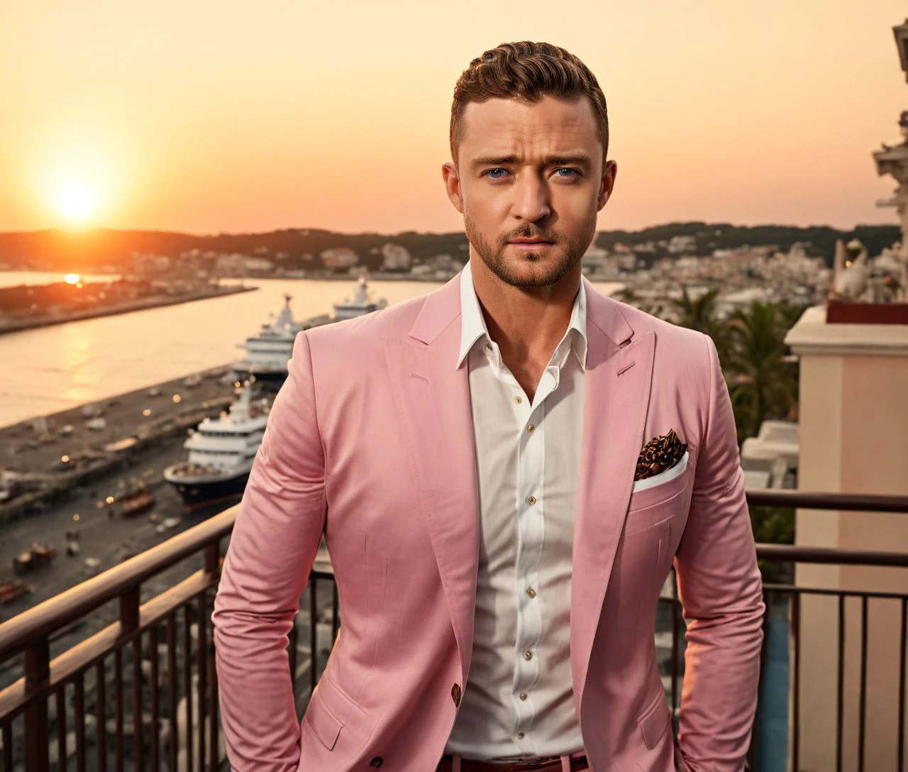 Nautical-themed (Photo:1.3) of (Ultrarealistic:1.3) <lora:Man_Men_FFashion:1>Justin Timberlake a man <lora:Justin-Timberlake:1>, in a pink suit standing on a balcony, handsome man, attractive man, handsome male, sun behind him, inspired by Pablo Munoz Gomez, shot at golden hour, editorial photograph, midshot of a hunky, by Roman Bezpalkiv, by Artur Tarnowski, maxim sukharev, by Gabor Szikszai,Highly Detailed,(Mono Color:1.3) . Sea, ocean, ships, maritime, beach, marine life, highly detailed