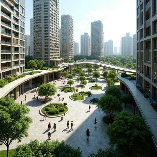 URBAN-FOLDING,overlook of a modern building, plaza in urbun, stepped squares, sunken squares, sky bridges, ramps, culverts, water features, natural landscapes, street furniture, park facilities, Avant-garde design, organicism, futurism, ecological city, citizen activity square, landmark in city, Spectacular, landscapes, details, depth of field, long shot,