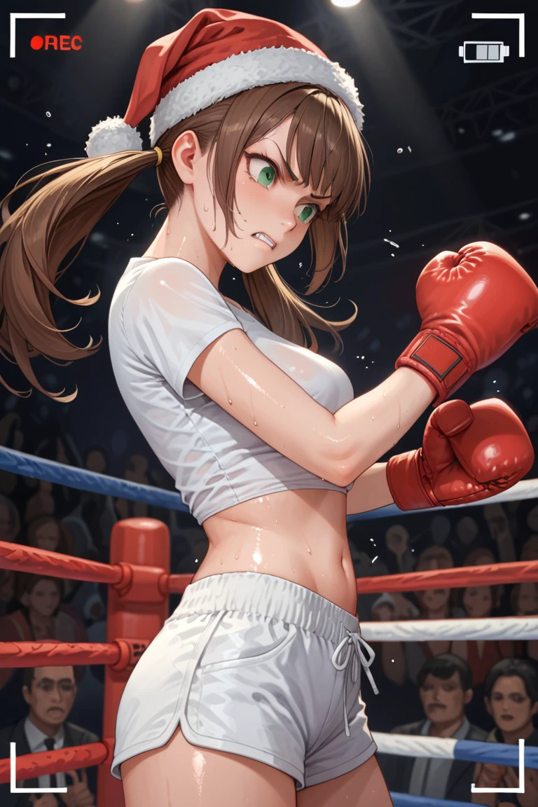 score_9, score_8_up, score_7_up, source_anime, on stage, boxing ring, 1girl, solo, brown hair, green eyes, twintails, long hair, bangs, sweating, shiny skin, boxing gloves, punching, white shirt, shorts, midriff, santa hat, recording, viewfinder, side view, looking to the side, breasts, scowl, clenched teeth, crowd, audience,