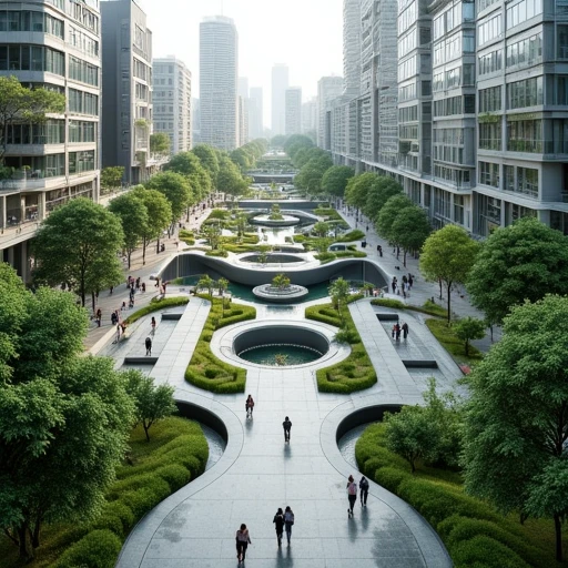 URBAN-FOLDING,overlook of a modern building, plaza in urbun, stepped squares, sunken squares, sky bridges, ramps, culverts, water features, natural landscapes, street furniture, park facilities, Avant-garde design, organicism, futurism, ecological city, citizen activity square, landmark in city, Spectacular, landscapes, details, depth of field, long shot,