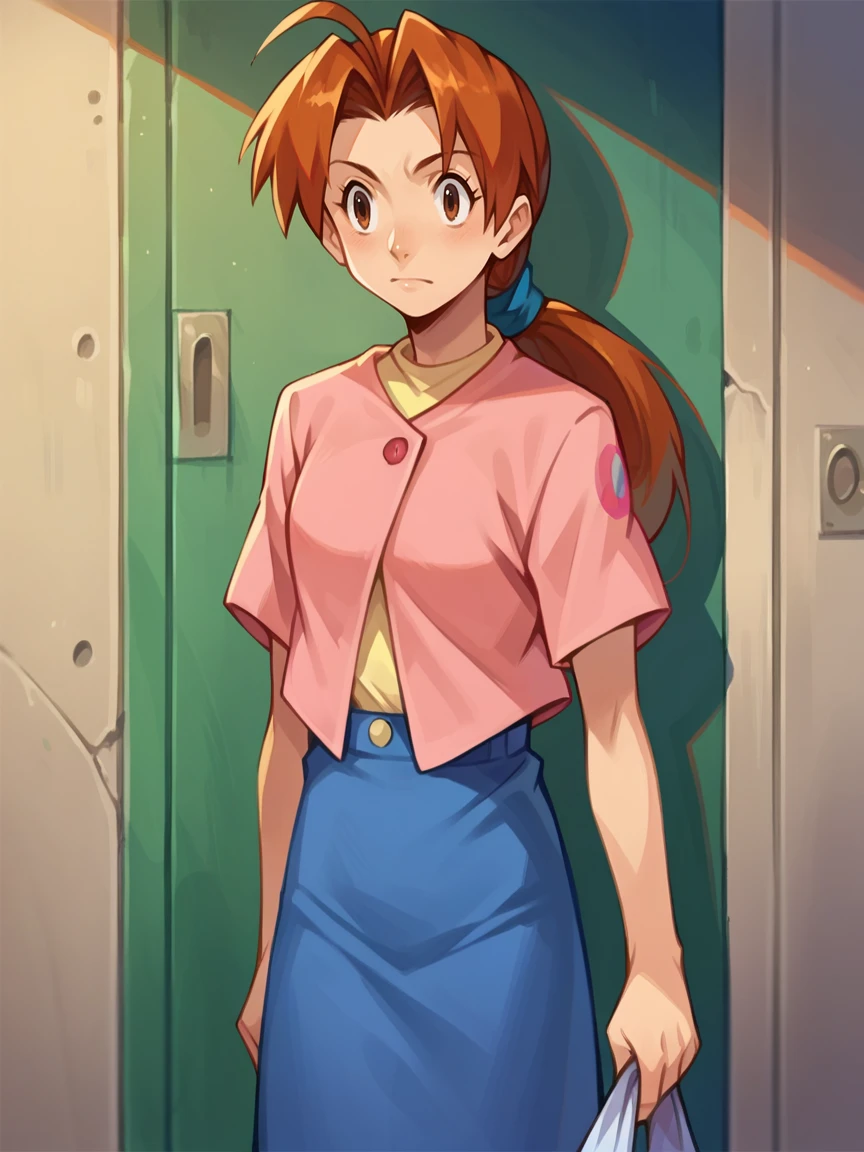 score_9, score_8_up, score_7_up, score_6_up, score_5_up,  <lora:DeliaKetchumXLP:1> delia ketchum, 1girl, orange hair, brown eyes, solo, ponytail, skirt, shirt