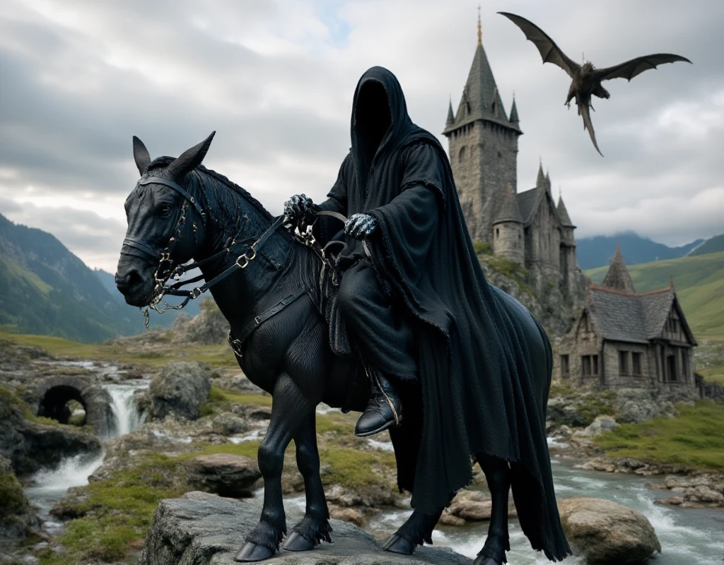 Nazgûl  wearing a cloak, is riding a small donkey, in front of a castle, a  dragon in the background<lora:Nazgûl:0.9>