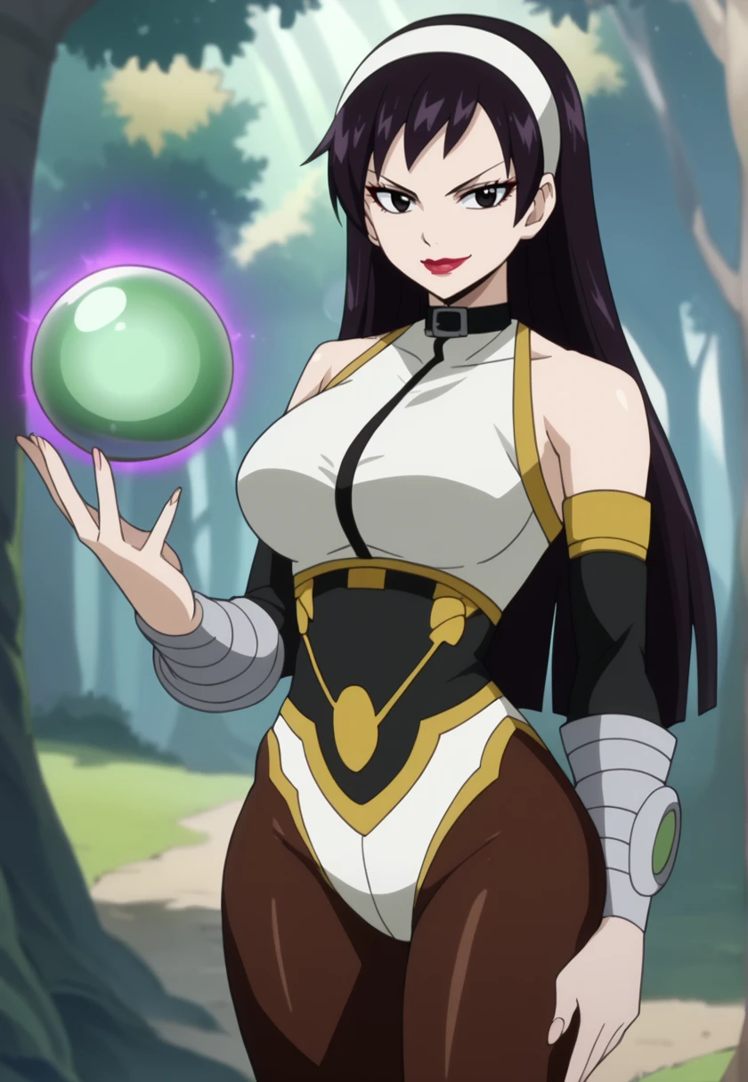 <lora:ultearMilkovich-09:1> ultearMilkovich, long hair, black hair, black eyes, large breasts, makeup, lipstick, UltearSuit, hairband, black choker,  bare shoulders, detached sleeves, elbow gloves, leotard, looking at viewer, smile, (blurry background, forest), orb, magic, glowing,, 16k, masterpiece, absurdes, highly detailed, highres, high quality, best quality, score_9, score_8_up, score_7_up, score_6_up, shiny, shiny skin, shiny hair, source_anime, anime screencap, anime coloring, official style, style parody, parody