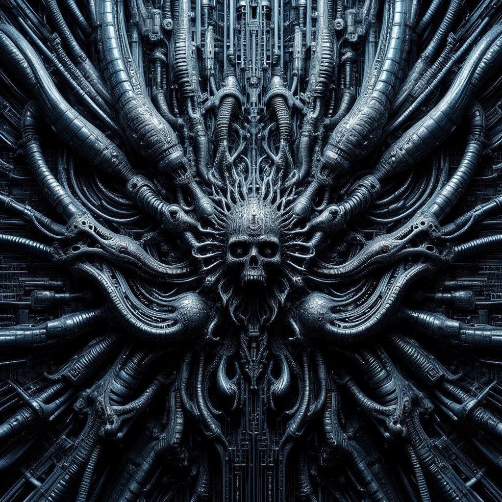 This image is a highly detailed, CGI-rendered artwork featuring a futuristic, abstract, and intricate design. The central focus is an eldritch abomination that resembles a complex, biomechanical entity. The artwork is rendered in a dark, metallic, and industrial color palette with shades of blue and silver, giving it a high-tech, futuristic aesthetic.