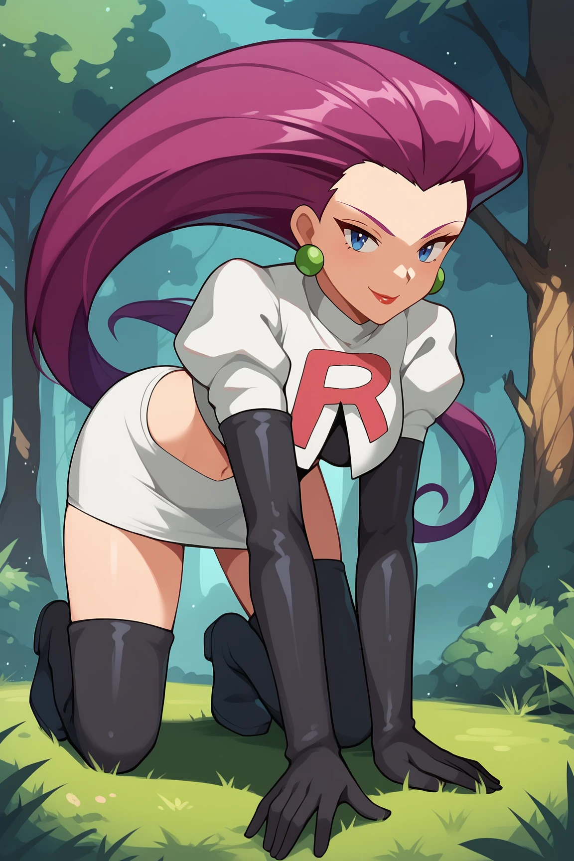 score_9, score_8_up, score_7_up, score_6_up, BREAK, JessiePXL, blue eyes, purple hair, long hair, hair slicked back, earrings, medium breasts, team rocket uniform, white crop top, elbow gloves, black gloves, white skirt, black thigh boots, solo, full body, all fours, seductive smile, looking at viewer, forest <lora:JessiePXL:1>