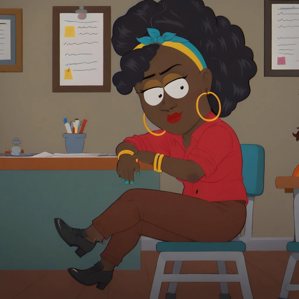 score_9, score_8, score_7, BREAK, panderverse_cartman, black hair, hoop earrings, very dark skin, bracelet, hairband, sitting, crossed legs, class room