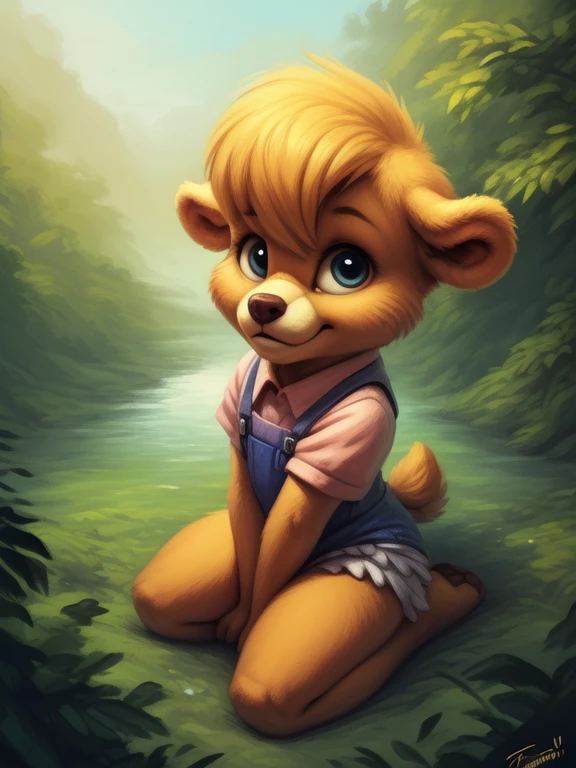 <lora:MollyCunninghambearDom:1> MollyCunninghambearDom, yellow wool, blue ribbons, white panties, shirt, shorts with suspenders, chibi,  small body,
Looks at the viewer, [ solo focus, nature, forest, day, clouds, waterfall,]  ((cowgirl position,  high-angle view,))
(beautiful, aesthetic, perfect, delicate, intricate, saturated colors), masterpiece, digital drawing, best quality,
by taran fiddler, by cynicalstarr, by personalami,