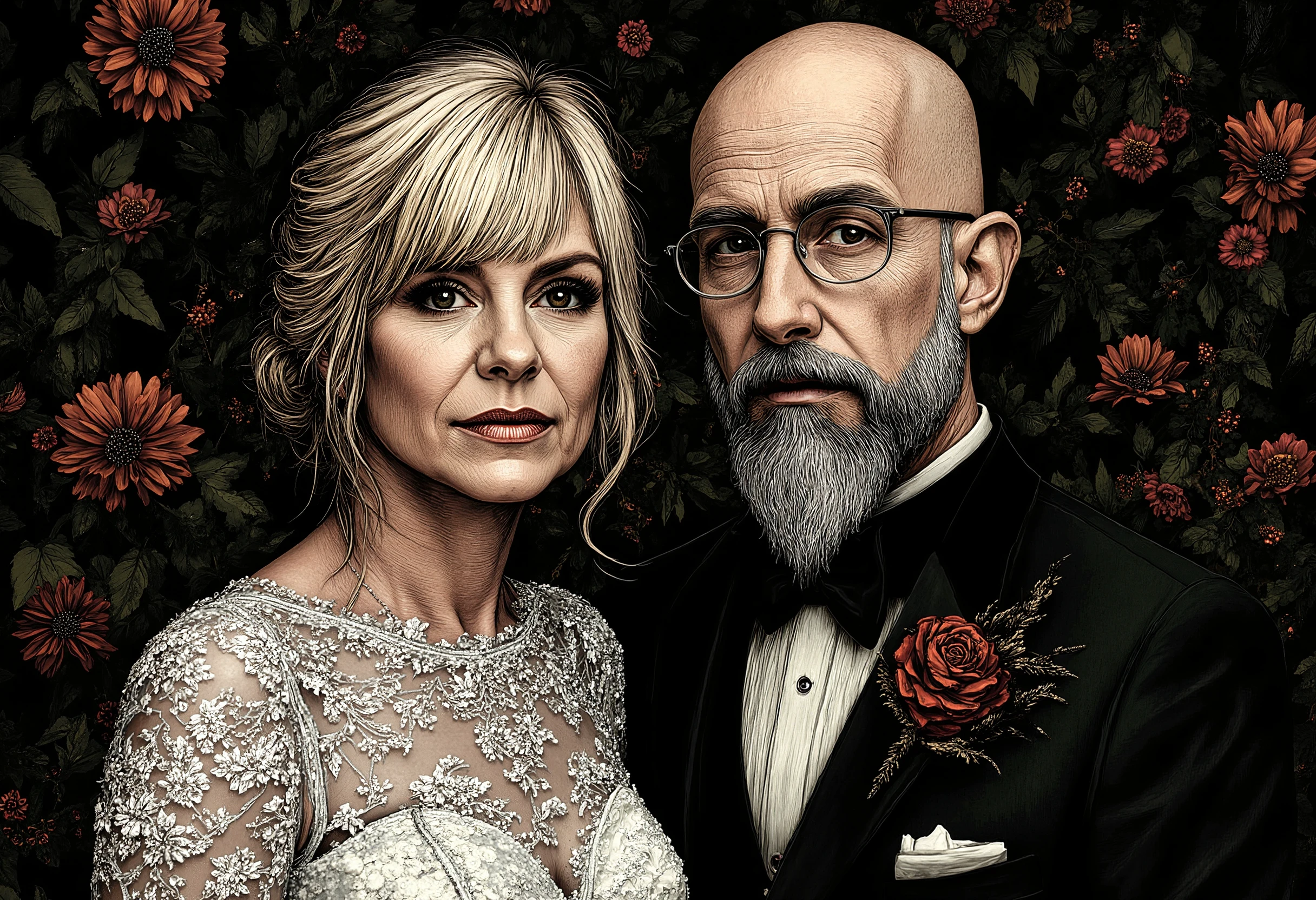 pst004, a full-body wedding portrait of a white couple, two people together, a blonde 40-year-old woman with short asymmetric bob karen hair cut, wearing a fancy white wedding dress, a bald 40-year-old man with thin glasses wearing a tuxedo with no beard, in a flowery background