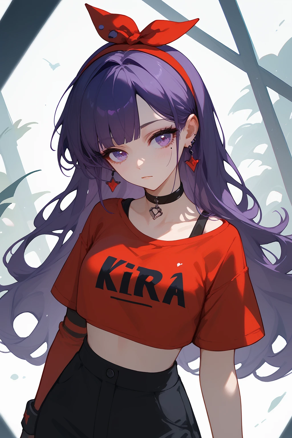 (score_9,score_8_up,score_7_up,),<lora:Kira-000021:1>,Kira,purple hair,long hair,red hairband,red shirt,mole under eye,purple eyes,choker,crop top,white socks,asymmetrical legwear,<lora:gg3:0.7>,Goth girl,cowboy_shot,