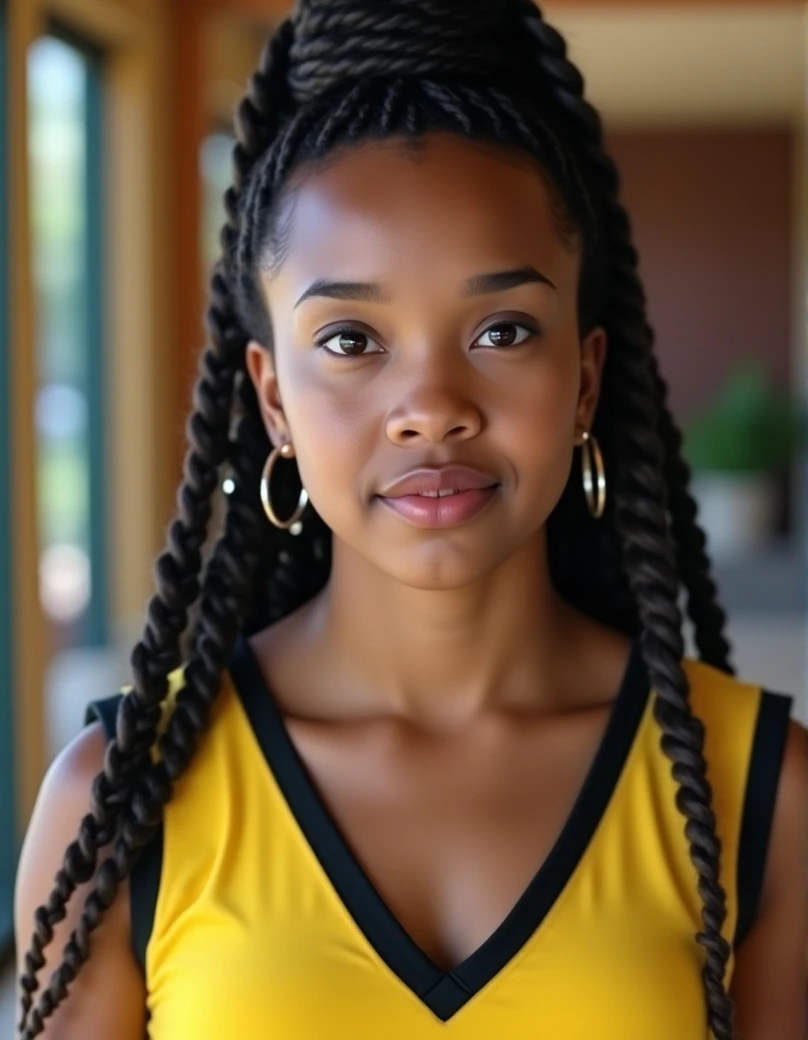 Head and shoulders of aishacampbell, a young woman in her early twenties, with her lips gently parted, captured in a casual, indoor setting. She has a light-brown skin tone and is wearing her hair in long, thick, tightly braided pigtails that are pulled back into a high ponytail held by a black scrunchie. She is wearing a sleeveless yellow top with a black-trimmed v-neck, and large flat round earrings.