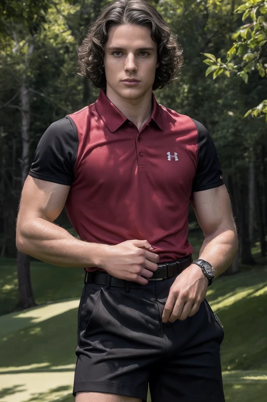 Harry Collett, ((wearing a tight red under armour golf polo shirt:1.2)), ((red golf polo shirt sleeves tight around his biceps:1.3)), ((wearing tight black shorts with black belt with a silver buckle:1.2)), black shorts+++, standing on golf course, (golf course background:1.3), male focus, ((half body body image:1.2)), dramatic lighting, defined toned body, looking at the viewer, brown eyes, ((shoulder length curly brown hair:1.2)), confident, wide angle,