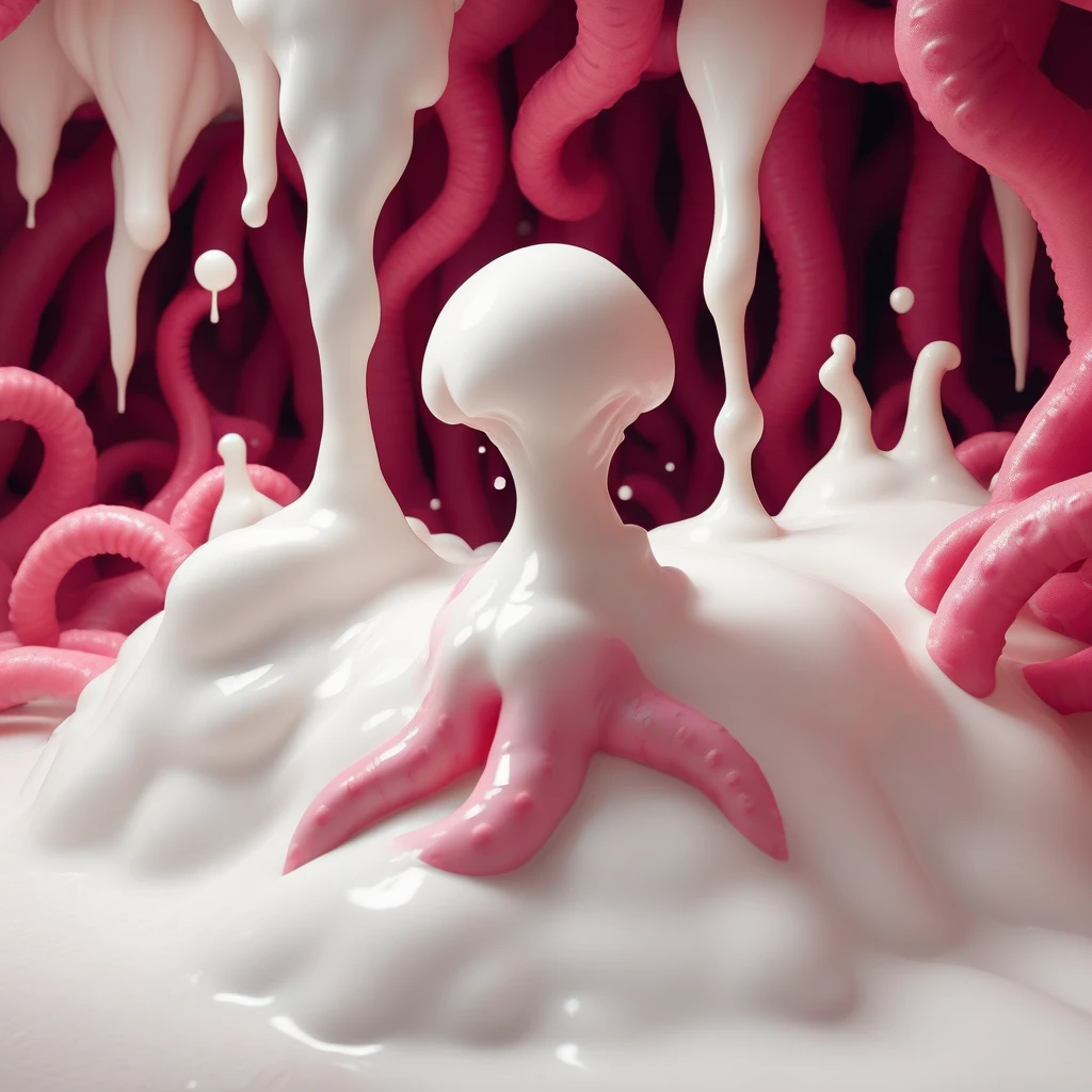 wptentslime, 1girl, solo, girl leaning back into a puddle of white slime, pink tentacles crowling over girl and white slime, naked, slimey, white slime, pink tentacles, curvy body, short hair, big breasts, erotic, sexy pose, cumbath, cum pool, centered, high detailed, masterpiece, 4k, artgem, outstanding artwork, trending on artstation, realistic