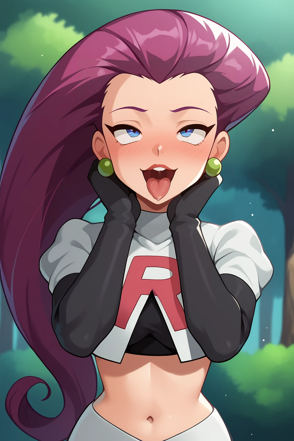 score_9, score_8_up, score_7_up, score_6_up, BREAK, JessiePXL, blue eyes, purple hair, long hair, hair slicked back, earrings, medium breasts, team rocket uniform, white crop top, elbow gloves, black gloves, solo, front view, v arms, (portrait, upper body), solo focus, ahegao, rolling eyes, open mouth, tongue out, naughty face, nose blush, forest <lora:JessiePXL:1>