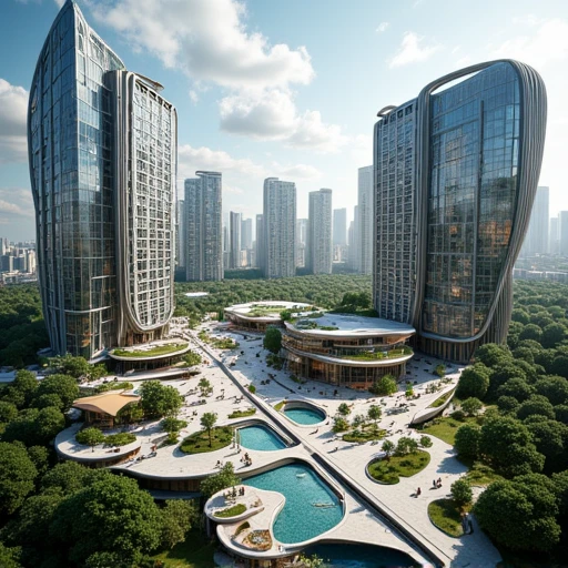 URBAN-FLOWING, overlook of a modern building, plaza in urbun, stepped squares, sunken squares, sky bridges, ramps, culverts, water features, natural landscapes, street furniture, park facilities, Avant-garde design, organicism, futurism, ecological city, citizen activity square, landmark in city, Spectacular, landscapes, details, depth of field, long shot,