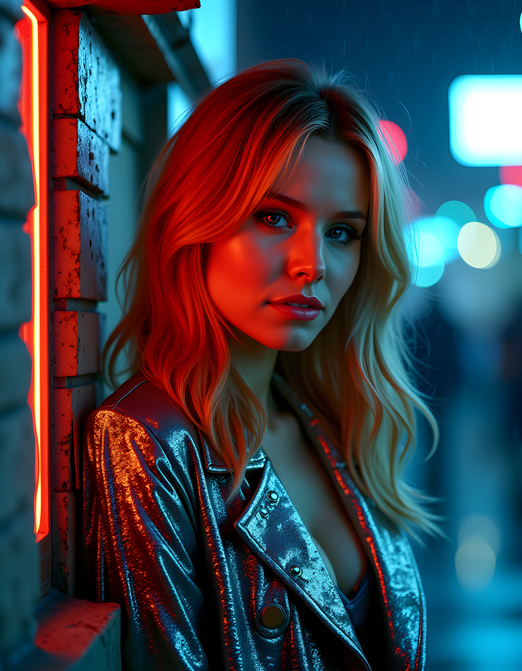 In a gritty, neo-noir setting of rain-soaked neon-lit streets, the captivating KR15T3NB, a woman with electric blue eyes that sparkle like polished sapphires under the dim city lights, is framed in a dramatic close-up. Her long, fiery red hair cascades down her back, obscuring one eye and framing her strong jawline. She wears a striking, unique outfit - a tailored trench coat of shimmering silver sequins adorned with intricate cybernetic designs that seem to pulse with an otherworldly light. Her lips part slightly in a playful, enigmatic smile, revealing perfectly white teeth, as she locks eyes with the viewer, exuding an air of confidence and allure from her perch atop a crumbling stone ledge, illuminated by a single, harsh spotlight that casts dramatic shadows across her face. The emotional tone is one of intrigue and mystery, leaving the onlooker both enthralled and slightly unnerved.