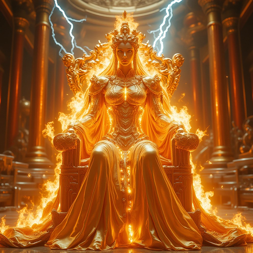 goldenflame,a beautiful chinese queen sitting on the massive huge throne