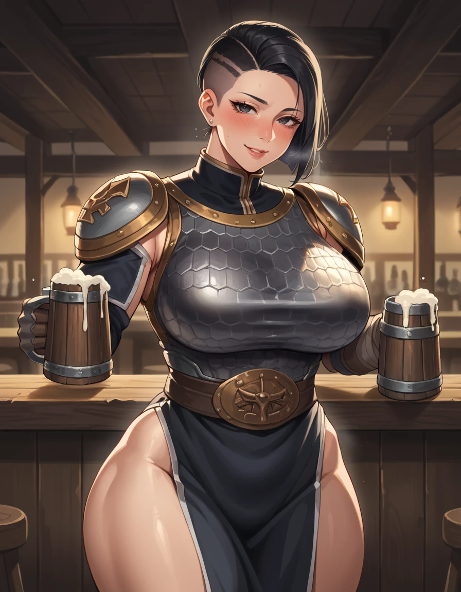 score_9, score_8_up, score_7_up, 2d, source_anime, cartoon,
ArmouredKossar, mature female, solo, curvy, armor, black hair, undercut,
muscular, large breasts, wide hips, looking at viewer, in heat, blush, aroused, naughty, seductive smile,
tavern, drunk, holding tankard,
 <lora:ArmouredKossar_PonyXL:0.8>