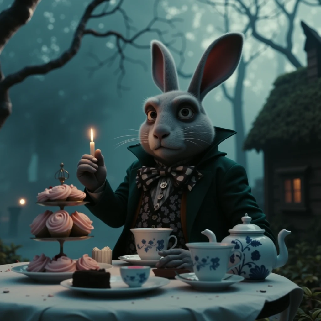 aliceinwonderland, In a whimsical scene inspired by Tim Burton's vision of 'Alice in Wonderland,' a large anthropomorphic rabbit with soft, grey fur and wide, expressive eyes sits regally at the center of a dreamlike, mist-shrouded forest. Clad in a richly textured dark green jacket that contrasts sharply with its vibrant surroundings, the rabbit delicately clutches a small, flickering white candle in its left hand, the flame dancing gently in the cool, mystical air. Surrounding the rabbit is an eclectic array of tea party components, each imbued with a sense of fantastical charm; a porcelain white teapot adorned with intricate blue floral designs sits prominently, alongside a elegantly crafted matching teacup that gleams faintly in the diffused light. Nearby, a plate overflowing with pastel pink frosting and a whimsically tiered stand bearing a luscious slice of dark chocolate cake tease the senses, the sweet scent mingling with the earthy aroma of damp foliage. The table, draped in a slightly tattered white cloth, is partially swallowed by the creeping mist that clings to the ground, swirling around the rabbit's feet, adding an ethereal quality to the gathering. In the background, the forest rises dramatically, dominated by bare, twisted trees whose gnarled branches reach out like bony fingers. A faint, ambient glow emanates from an unseen source, casting an otherworldly light that enhances the forest's surreal ambiance. To the right, a small, weathered house peeks through the hazy backdrop, its wooden beams leaning precariously and a thatched roof moss-covered and sagging, suggesting a slice of whimsy amidst the present eeriness. The overall mood is steeped in a curious blend of fantasy and unsettling horror, evoking an atmosphere where wonder intertwines with unease. Richly detailed textures abound, from the fine strands of the rabbit’s fur to the intricate patterns swirling along the surface of the teapot and teacup, inviting the observer to step into this surreal tableau and lose themselves in its enchanting mystery.