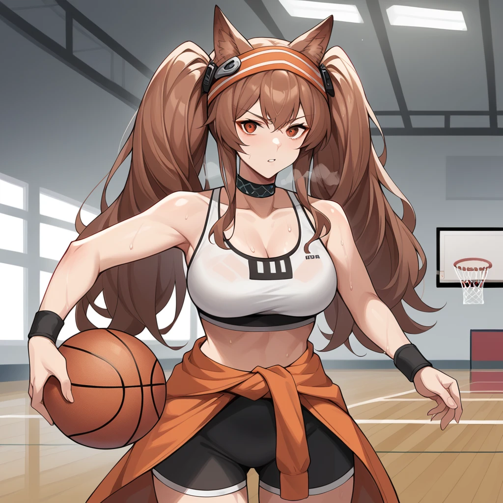 score_9_up, score_8_up, score_7_up, source_anime, 1girl, solo, AngelinaArk, Ang_Spt, ceiling light, windows, fighting stance, holding basketball, serious, looking at you, sweaty, breath, parted lips, angelina (arknights), choker, fox ears, brown hair, twintails, very long hair, red eyes, sports bra, white sports bra, orange clothes around waist, bike shorts, black shorts, headband, very long hair, thigh strap, wristband, mature body, dynamic cowboy shot, indoors, basketball court background