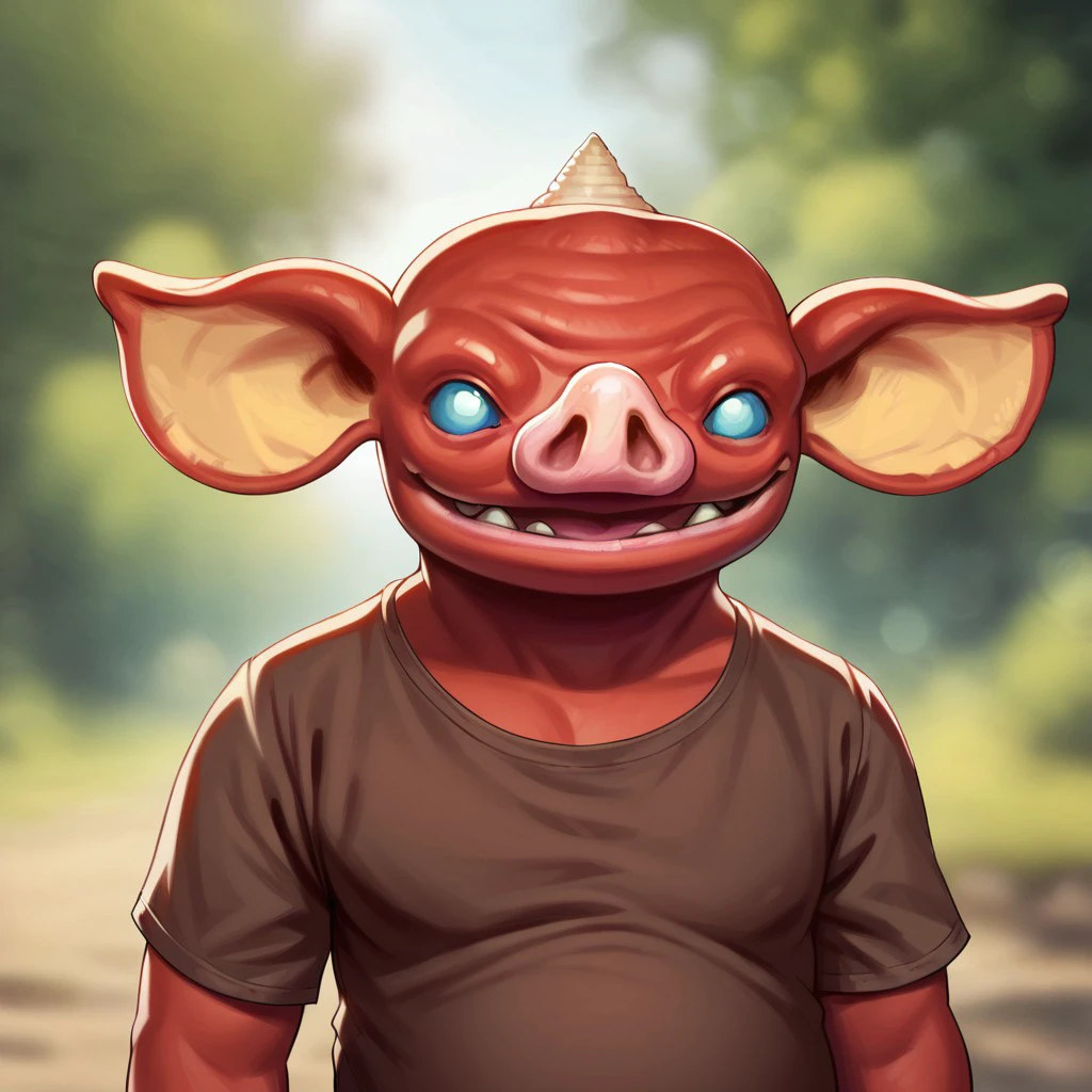 (((detailed, beautiful, high quality))), score_9, score_8_up, score_7_up, upper body, solo,
bokoblin, big ears, big eyes, horn,
1male, red skin, blue eyes, brown shorts, brown shirt,
rustic background, looking at the viewer, posing, blurred background,