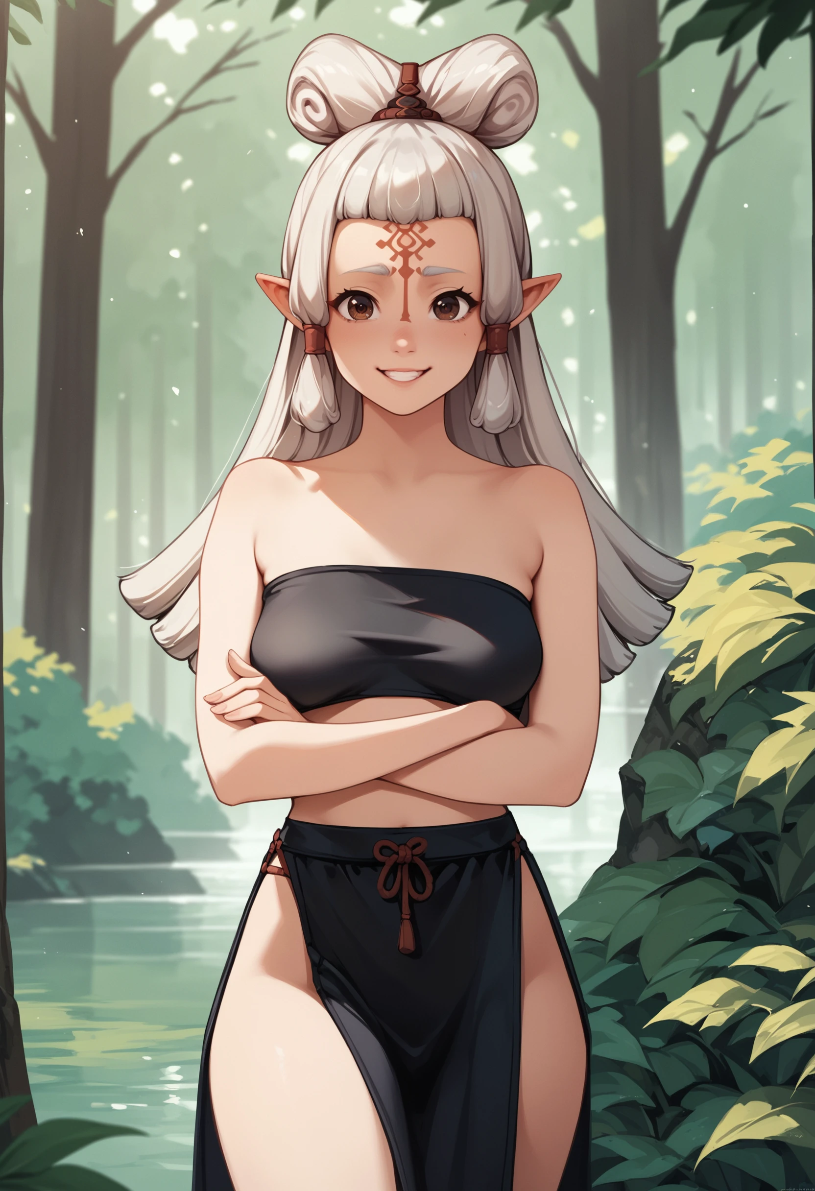 zPDXL3, score_9, score_8_up, score_7_up, score_6_up, score_5_up, score_4_up, 
1girl, solo, medium breasts, sagging breasts, 
pointy ears, brown eyes, forehead mark,
light smile, crossed arms, 
black pelvic curtain, (black bandeau:1.2), midriff, 
forest, 
<lora:BOTW - Paya v1:0.6> bowpaya,