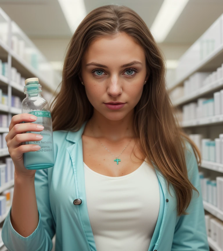 A 40-year-old blonde woman standing in front of a pharmacy shelf, holding several products in her hands. She has a thoughtful and concerned expression on her face, as if she's uncertain about which product to choose. The pharmacy shelves behind her are neatly arranged with various medications, beauty products, and health supplies, creating a busy but organized background. The lighting is bright, emphasizing the clean, clinical environment of the pharmacy.