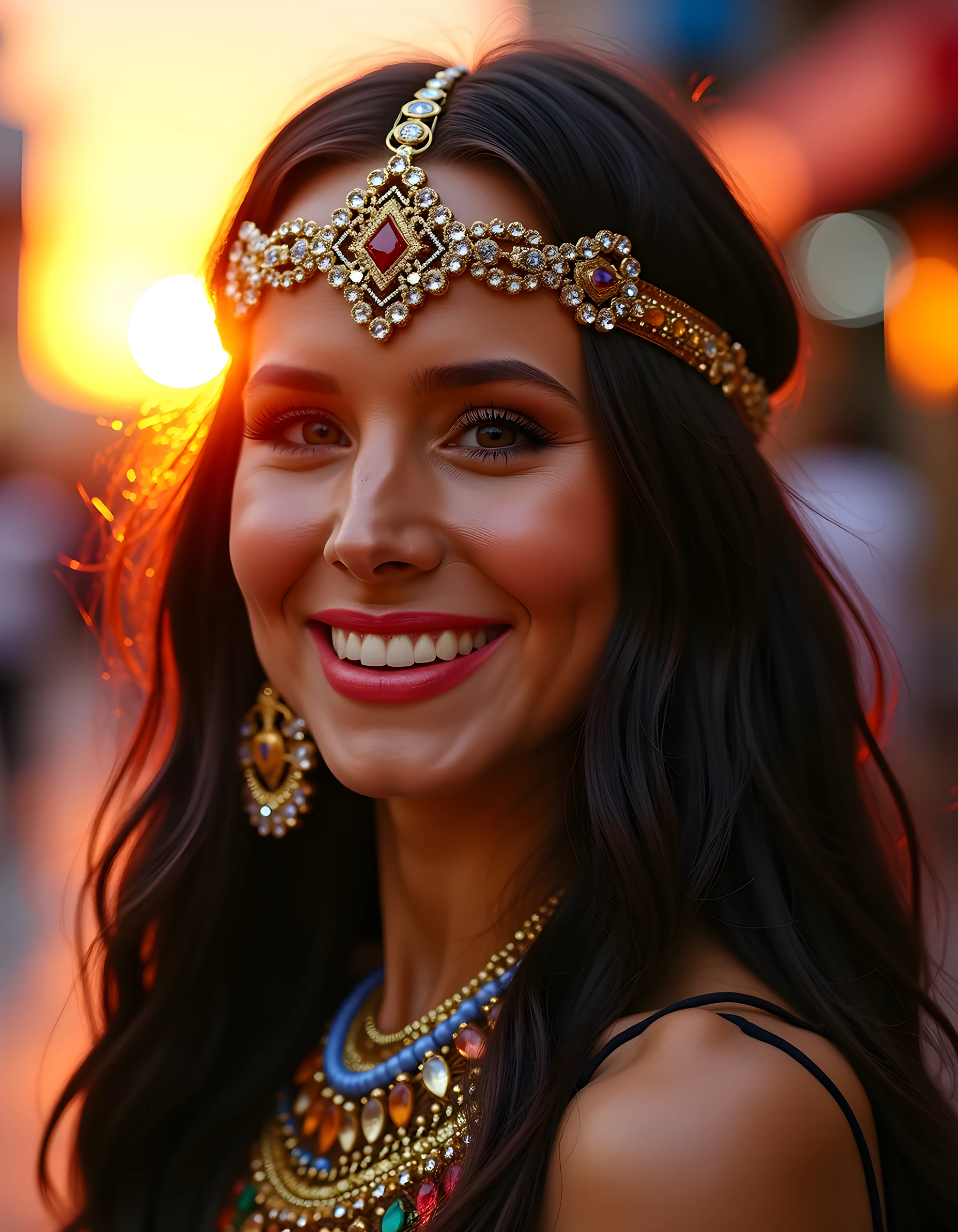 A high-definition close-up image of KR15T3NB, a woman with cascading jet-black hair adorned in an intricate, glittering gold headpiece and layers of exquisite, multi-colored jewelry, her striking lips parted to reveal a brilliant, toothy grin that radiates warmth and confidence. The background is a blurred, vibrant sunset over the bustling streets of Marrake Medina, Morocco, with the warm, golden light casting an ethereal glow on her radiant skin. The camera angle is slightly above, emphasizing the dramatic sweep of her long hair, as she turns her gaze directly towards the viewer, inviting them into a world of enchantment and mystery.