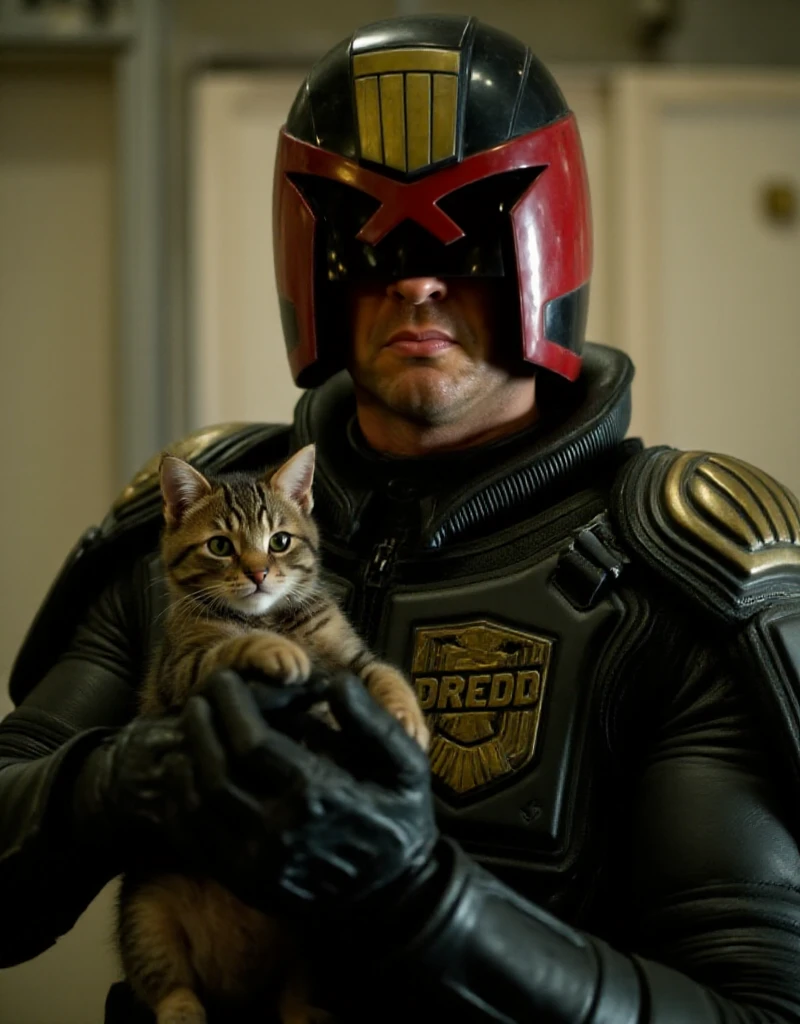 Dredd, a man wears a helmet and a uniform. He hold a kitten <lora:Dredd:0.9>