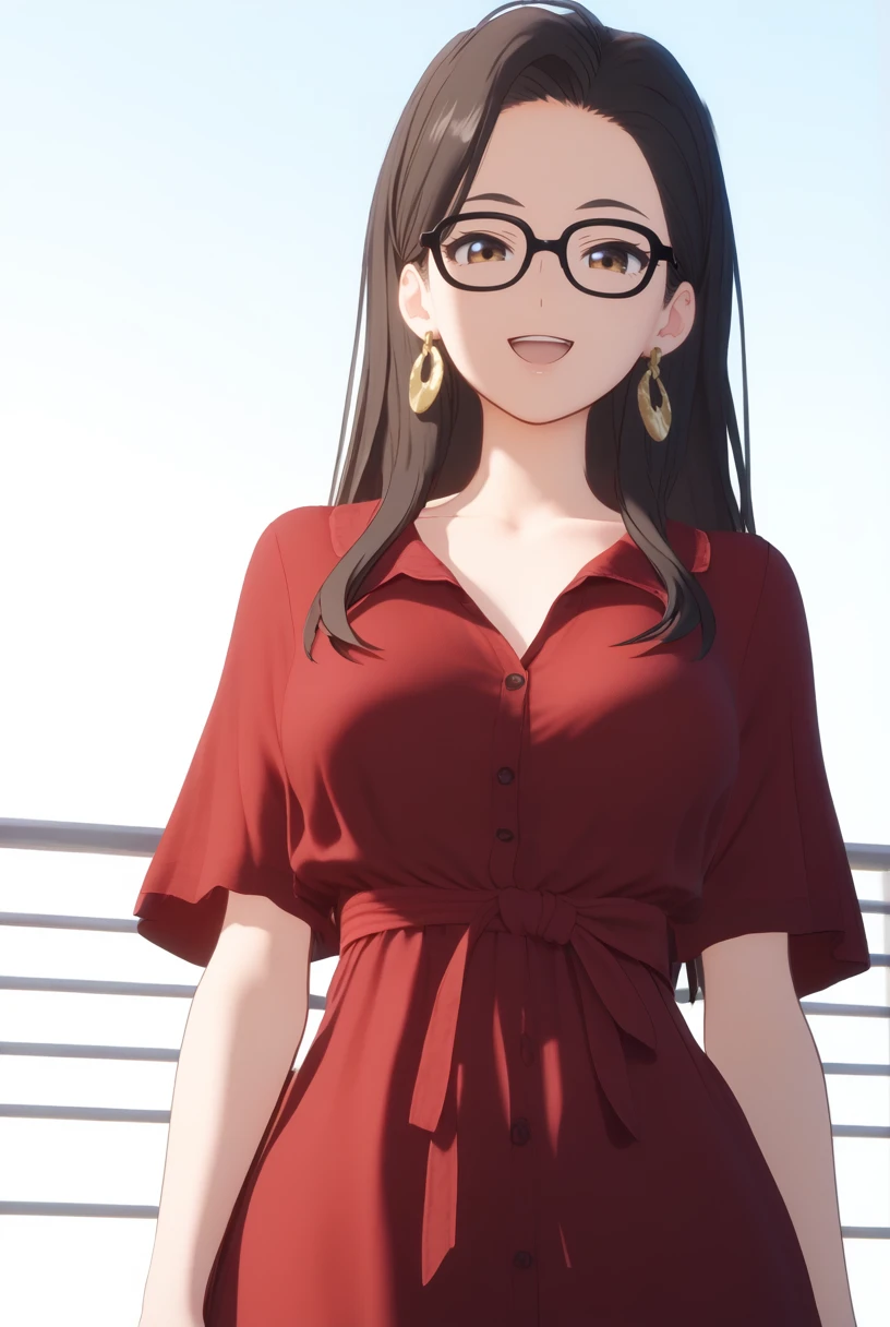 (score_9,score_8_up,score_7_up, ),mature female,<lora:GBC_RW_pony-000020:1>,
GBC_RW,1girl,solo,earrings,jewelry,long hair,black hair,red dress,black-framed eyewear,open mouth,short sleeves,collarbone,brown eyes,smile,looking_at_viewer,front view,(white background:1.2),slender,slender_waist,cowboy_shot,simple_background,3d