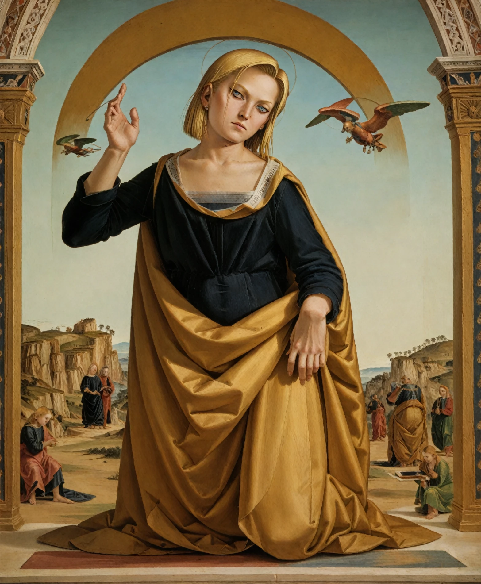 <lora:luca-signorelli_pony_v1:1>  ' Android 18 ' by signorelliluca in 1482,religious painting \(genre\),early renaissance \(style\),gold,solo,  christianity,  fine art parody, saints-and-apostles,, score_9, score_6_up, score_7_up