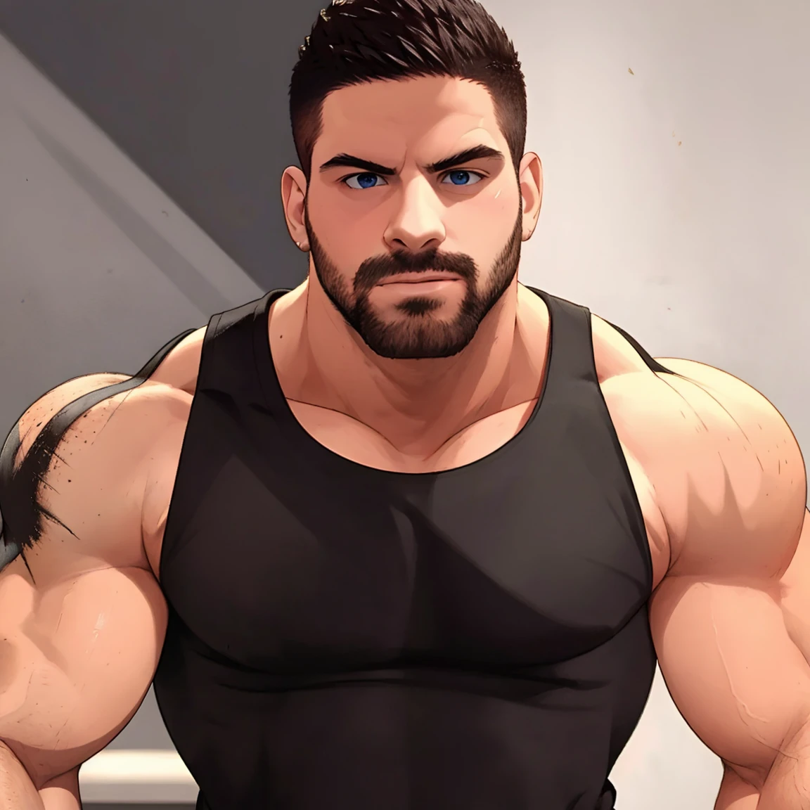 t-shirt, muscular, tank top, biceps, tank top. face lorenzo viota, strong, muscular, beard, hair, skin, eyes, male face, beauty, elegant, face, masterpiece, high details, high quality, (anime:1.1), ultra quality, highly detailed, ultra HD, <lora:Lorenzo Viota:0.66>