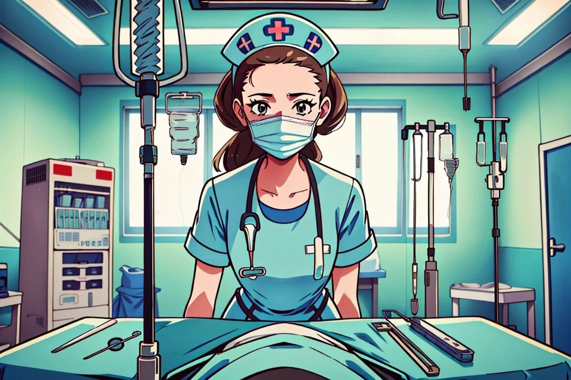 (RAW photo, centered, indoor, best quality),
 <lora:Nurse behind or_V2.0-000004:0.7>  nurse_or_behind_table, indoors, surgical mask, 1girl, looking at viewer, nurse, hospital bed, intravenous drip, stethoscope, nurse cap,solo, <lora:JasmineLora:0.6> jasmine (pokemon), 1girl, solo