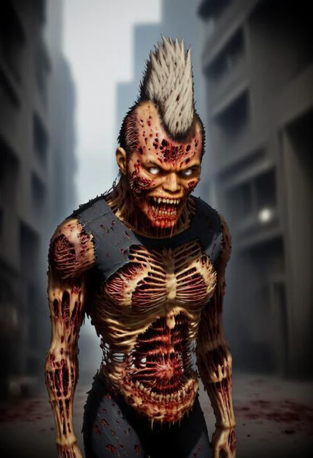 civitametapunk, horrifying  zombie with torn clothes attacking , he has a spiky design or mohawk on the top of his head and the sides of his hairstyle is short and neat, blonde hair, rotten skin, looking at viewer with monstrous expression, zombie eyes without pupils, menacing front view , atmospheric haze, in a dark city alley with haze at scary night ambience , MythP0rt <lora:artilands:0.8>, Leather Brown hue and vibrant Midnight red tint , the style of PokeZom, blood, bones, zombie, perfection style