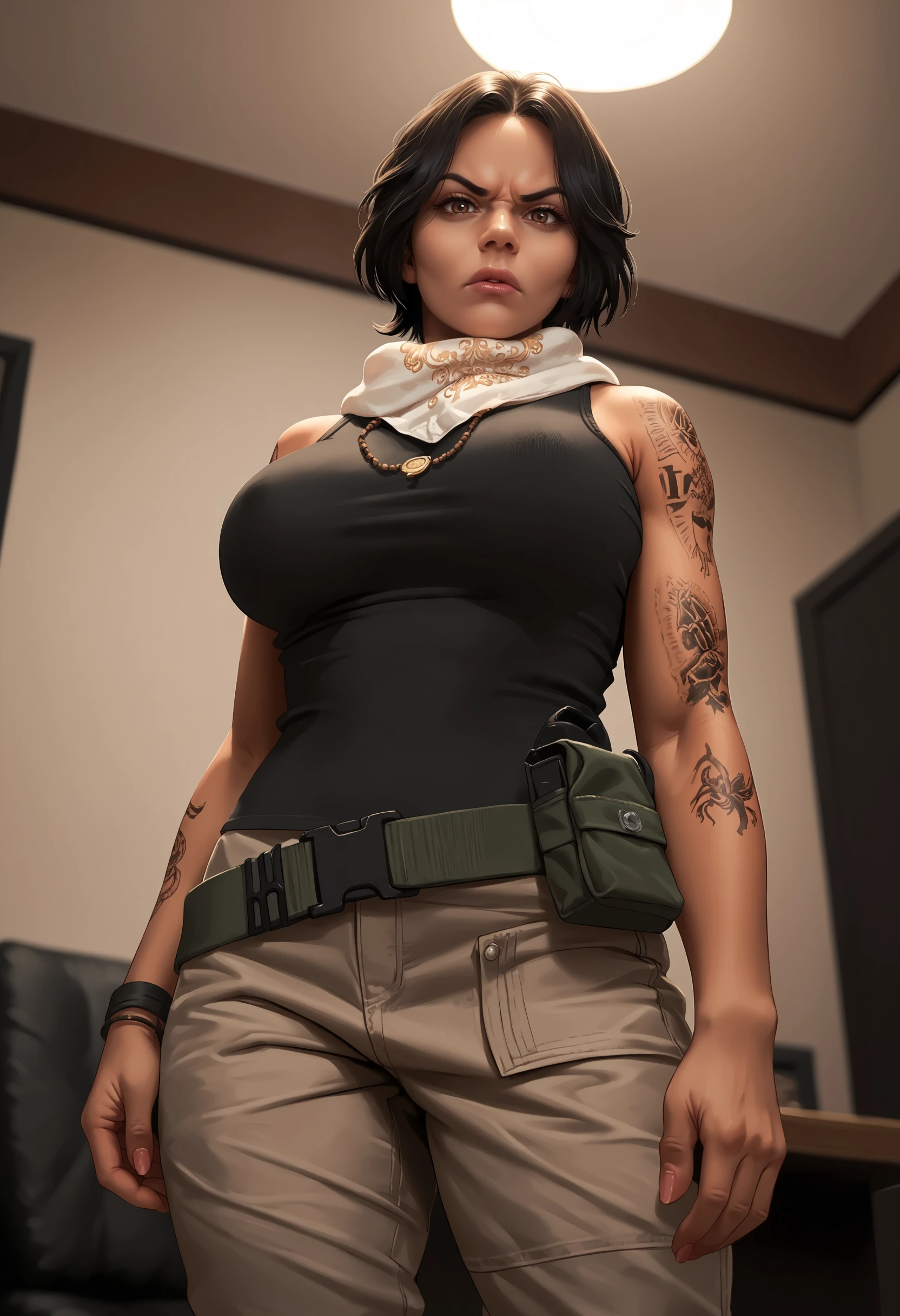 score_9, score_8_up, score_7_up, score_6_up, score_5_up, score_4_up, 1girl,  <lora:ValeriaGarzaCOD:0.85> solo, large breasts, short hair, black hair, dark-skinned female, dark skin, brown eyes, standing, looking at viewer, lips, pants, tank top, scarf, angry, from below, tattoo, foot, 
indoors,