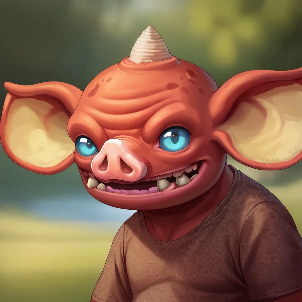 (((detailed, beautiful, high quality))), score_9, score_8_up, score_7_up, upper body, solo,
bokoblin, big ears, big eyes, horn,
1male, red skin, blue eyes, brown shorts, brown shirt,
rustic background, looking at the viewer, posing, blurred background,