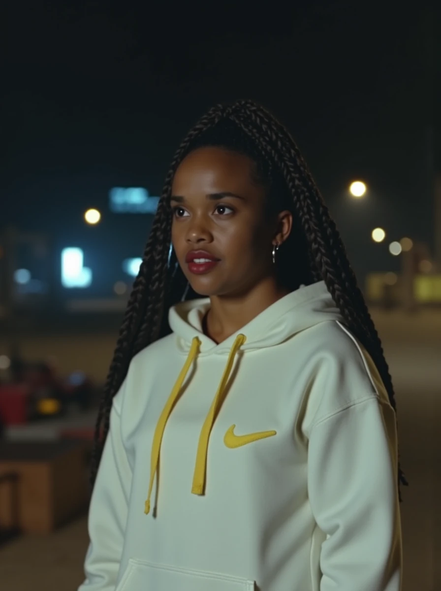 Movie screenshot of the upper body of 19-year-old aishacampbell standing in a nighttime outdoor city construction site out of focus.  She has long  braided hair, and is standing at a 3/4 angle looking off screen attentively with her lips slightly parted.  She is wearing a wide-neck long-sleeved white hoodie with her collarbone visible and with yellow drawstrings and a small yellow Nike logo on the left pocket.