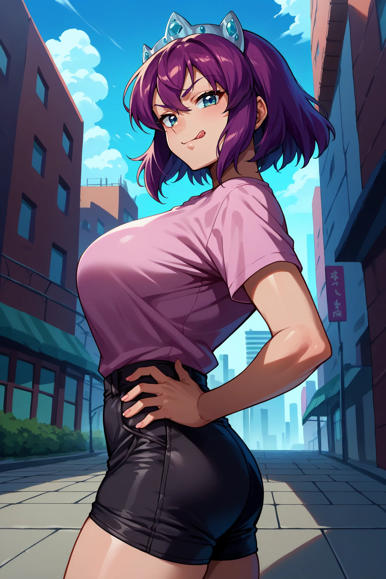 score_9, score_8_up, score_7_up, score_6_up, source_anime, 1girl, solo,  <lora:henrietta-pdxl-nvwls-v1-000005:1> hrta, purple hair, short hair, blue eyes, crown, large breasts, pink t-shirt, black shorts, looking at you, from side, hand on hip, smirk, tongue, city, blue sky