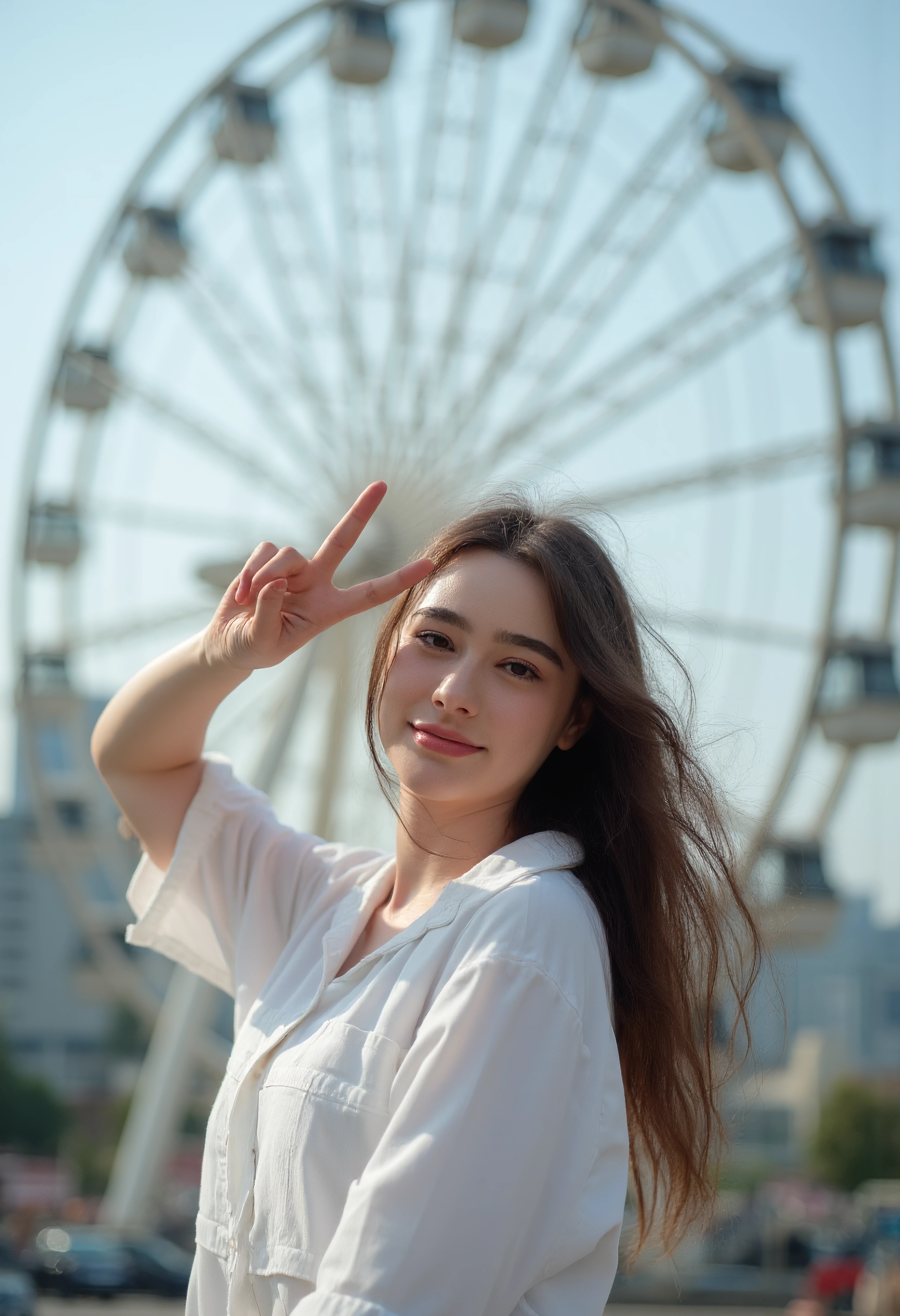 portrait of a Woman, she is posing in front of a ferris wheel doing a peace sign