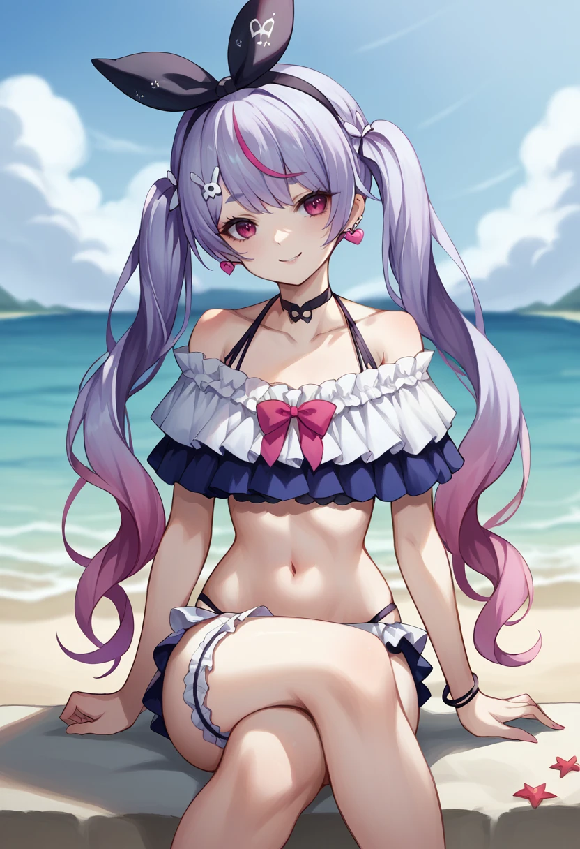 score_9, score_8_up, source_anime, 1girl, solo, MimiSmmr, pink eyes, multicolored hair, long hair, twintails, black bow hairband, hair ornament, earrings, black choker, frilled bikini, off-shoulder bikini, bare arms, pink bow, white frills, blue bikini, leg garter, outdoors, beach, summer, sunshine, smile, happy, <lora:ChamTosakiMimiPonyXL:1>