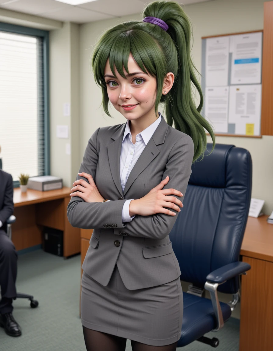 <lora:real-lora:1.3> (ultrarealistic:1.3)  <lora:igarashi-futaba:1> igarashifutaba standing in an office environment. She has fair skin and long, green hair tied back in a high ponytail with a purple hair tie. she is smiling with a smug expression. She is wearing a gray blazer over a white dress shirt, black tights, and black shoes. Her arms are crossed in front of her chest, and she is seated on a dark blue office chair with a cushioned backrest.