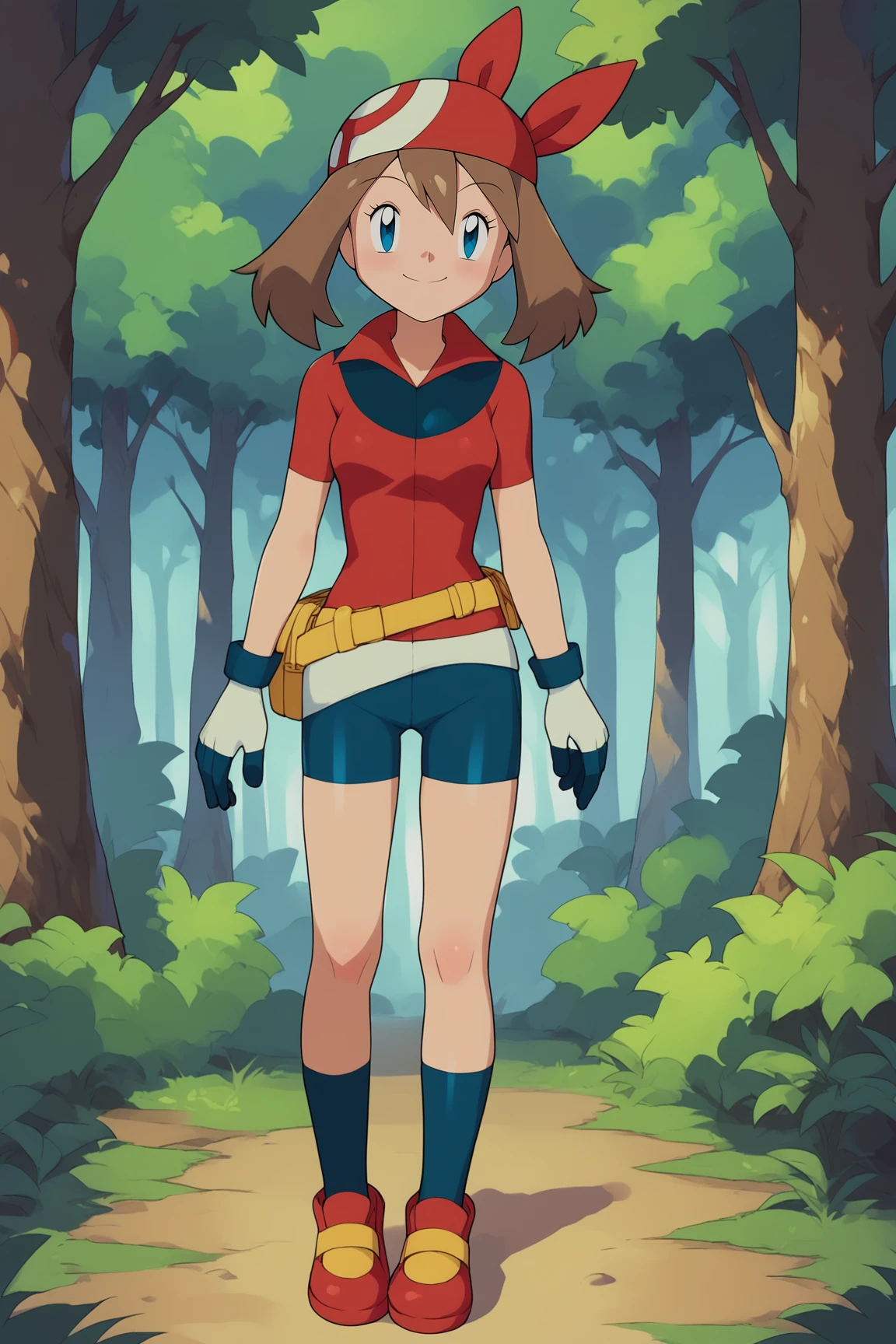 score_9, score_8_up, score_7_up, score_6_up, BREAK, MayPXL, blue eyes, brown hair, short hair, hair between eyes, red bandana, small breasts, red shirt, short sleeves, gloves, white skirt, blue shorts, blue socks, red shoes, solo, full body, standing, seductive smile, looking at viewer, forest <lora:MayPXL:1>