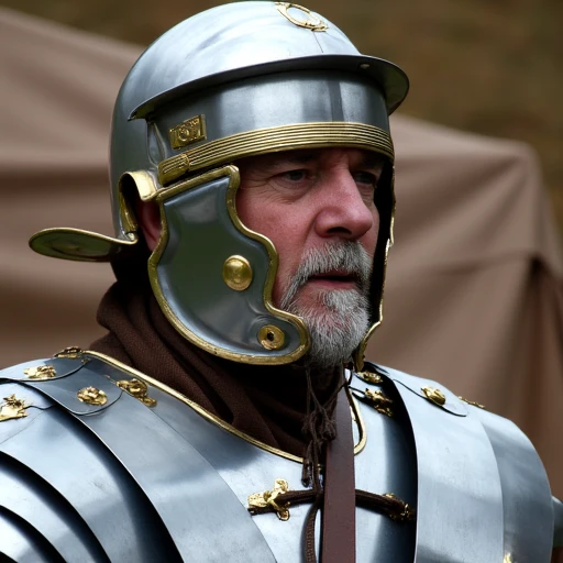 This photograph captures a detailed, realistic scene of a  roman legionnaire dressed in Roman segmented metal armor , specifically a lorica segmentata. The individual, a middle-aged man with a rugged, weathered complexion and a short, gray beard, wears a gleaming silver helmet adorned with a golden crest and cheek guards. The helmet is secured under the chin with a leather strap. The armor itself is a combination of steel and leather, with overlapping plates that provide protection. The breastplate is adorned with intricate rivets and a brown leather strap that crosses over the chest, securing the armor in place. The shoulder armor is similarly designed, with a mix of steel and leather components. The background is blurred, but hints of a historical setting are visible, including a brown tent or pavilion, suggesting a reenactment or historical event. The roman legionnaire  attire includes a simple, earth-toned tunic visible under the armor, adding to the historical authenticity. The overall atmosphere is one of authenticity and historical accuracy, with a focus on the textures and details of the armor and the roman legionnaire  attire. The image is rich in detail, capturing the essence of ancient Roman warfare and historical reenactment. The roman legionnaire  expression is serious and focused, adding to the immersive atmosphere. The photograph is taken in a natural light setting, with a clear and detailed focus on the subject. The colors are muted, with a focus on earthy tones and metallic sheens.