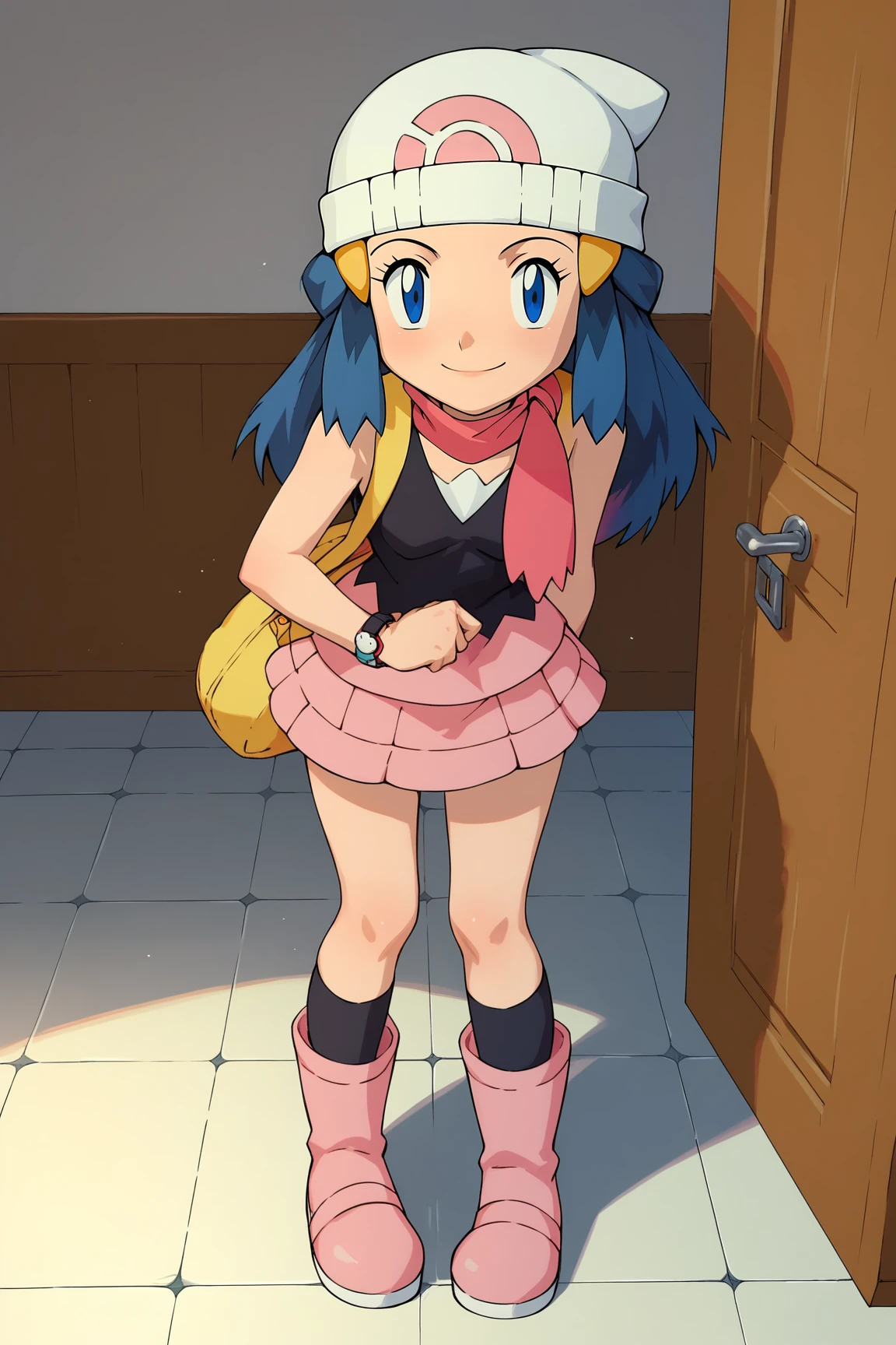 score_9, score_8_up, score_7_up, score_6_up, BREAK, DawnPXL, blue eyes, blue hair, long hair, ornament hair, white beanie, small breasts, pink scarf, yellow bag, sleeveless, black shirt, pink skirt, black socks, pink boots, solo, full body, standing, seductive smile, looking at viewer, indoors  <lora:DawnPXL:1>