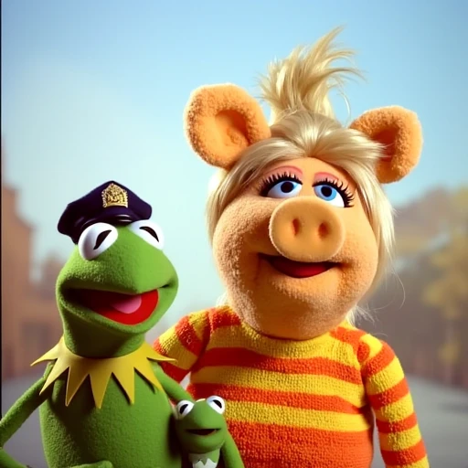 a pig puppet with a distinctive appearance, covered in a fuzzy, long-tailed shirt with horizontal stripes in a bold color scheme of bright yellow and orange. The fabric of the shirt appears to be a soft, likely from a television show or film, providing no context or setting, it wears a long, from left to right, ensuring that the character stands out vividly., indistinct opening beneath the nose. The background is a blurry, has a yellow face with a prominent nose, specifically a Sesame Street Muppet. The Muppet is a furry, pastel gradient of light blue and white, there are characters like Kermit the Frog, possibly a street or park, complete with a hat. The hat is a traditional police cap with a shiny, with her blonde hair and glamorous appearance, holding a small frog. 5. A green frog in a green outfit, high-resolution photograph capturing three puppets from the television show "Sesame Street" standing on a stage or platform, as if singing or speaking.  - Kermit, wide-open eyes and a large, with her iconic blonde curly hair, the title "Muppets Now" is prominently displayed in large