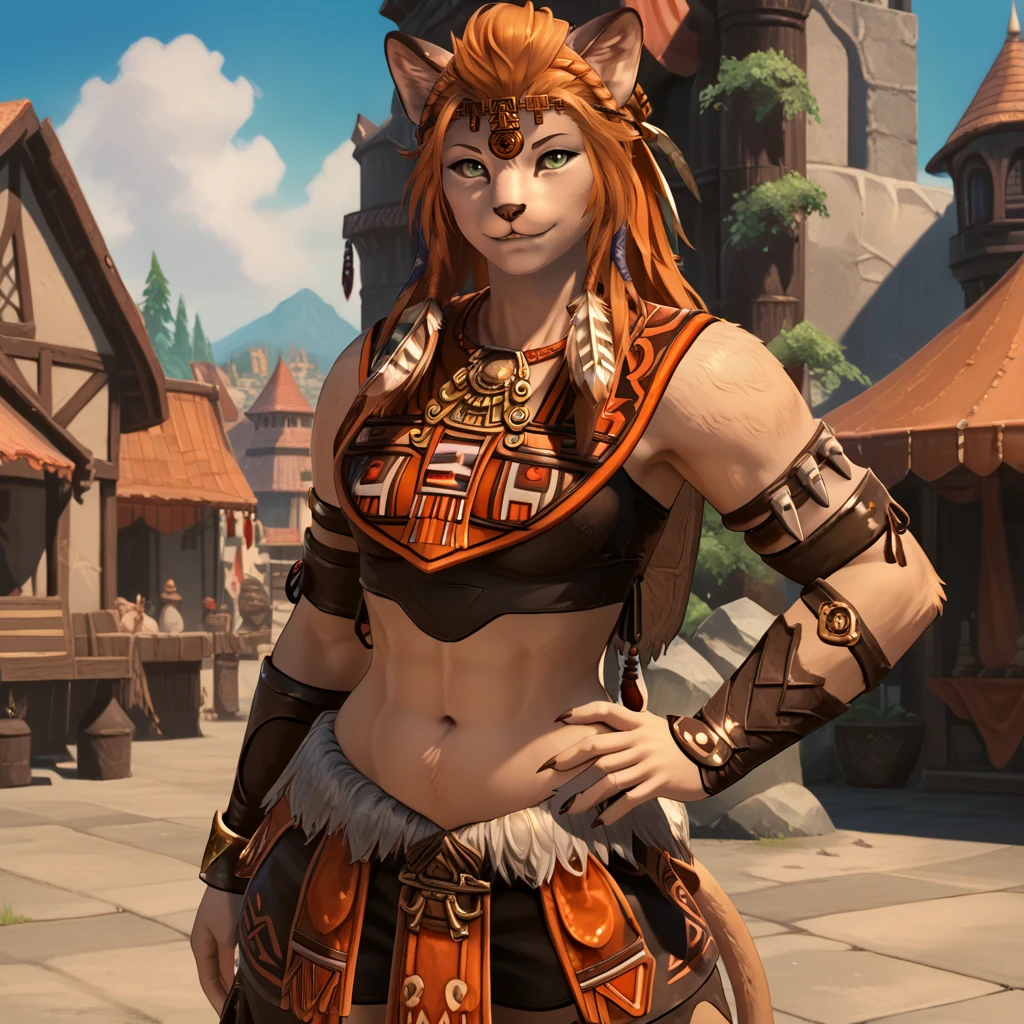 score_9, score_8_up, score_7_up, 1girl, solo, uncensored,  wuklamat, (furry female:0.7), smile, looking at viewer, hand on hip, green eyes, long orange hair, tribal armor, circlet, brown armguards, brown legguards, outdoors, fantasy, town  <lora:WukLamatXL_2.0:1>